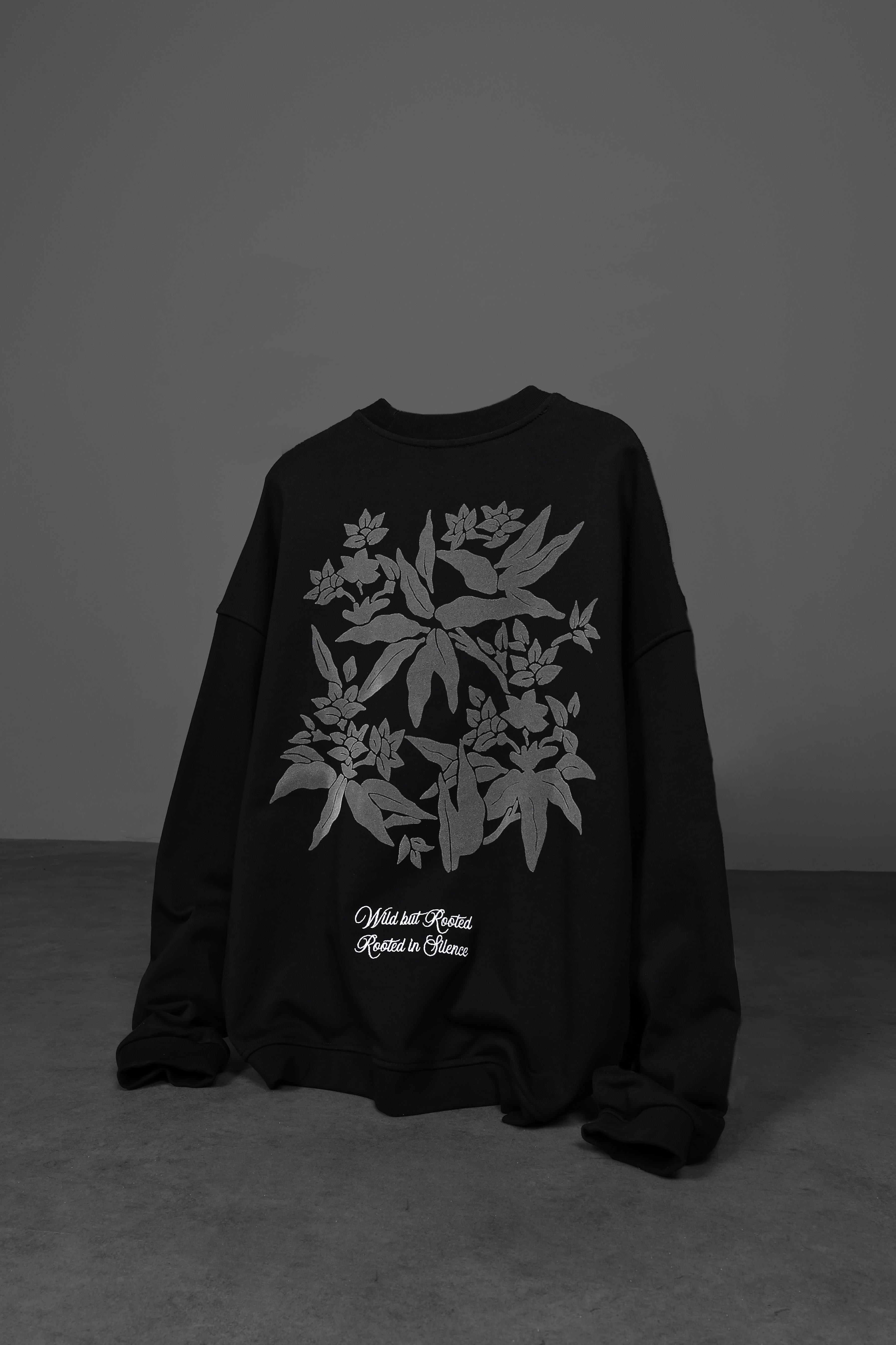 Erkek Siyah Flowers Flok Baskı Oversize Sweatshirt