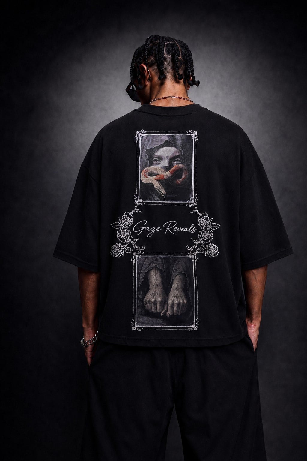 Erkek Siyah Gaze Reveals Patch Oversize Tshirt