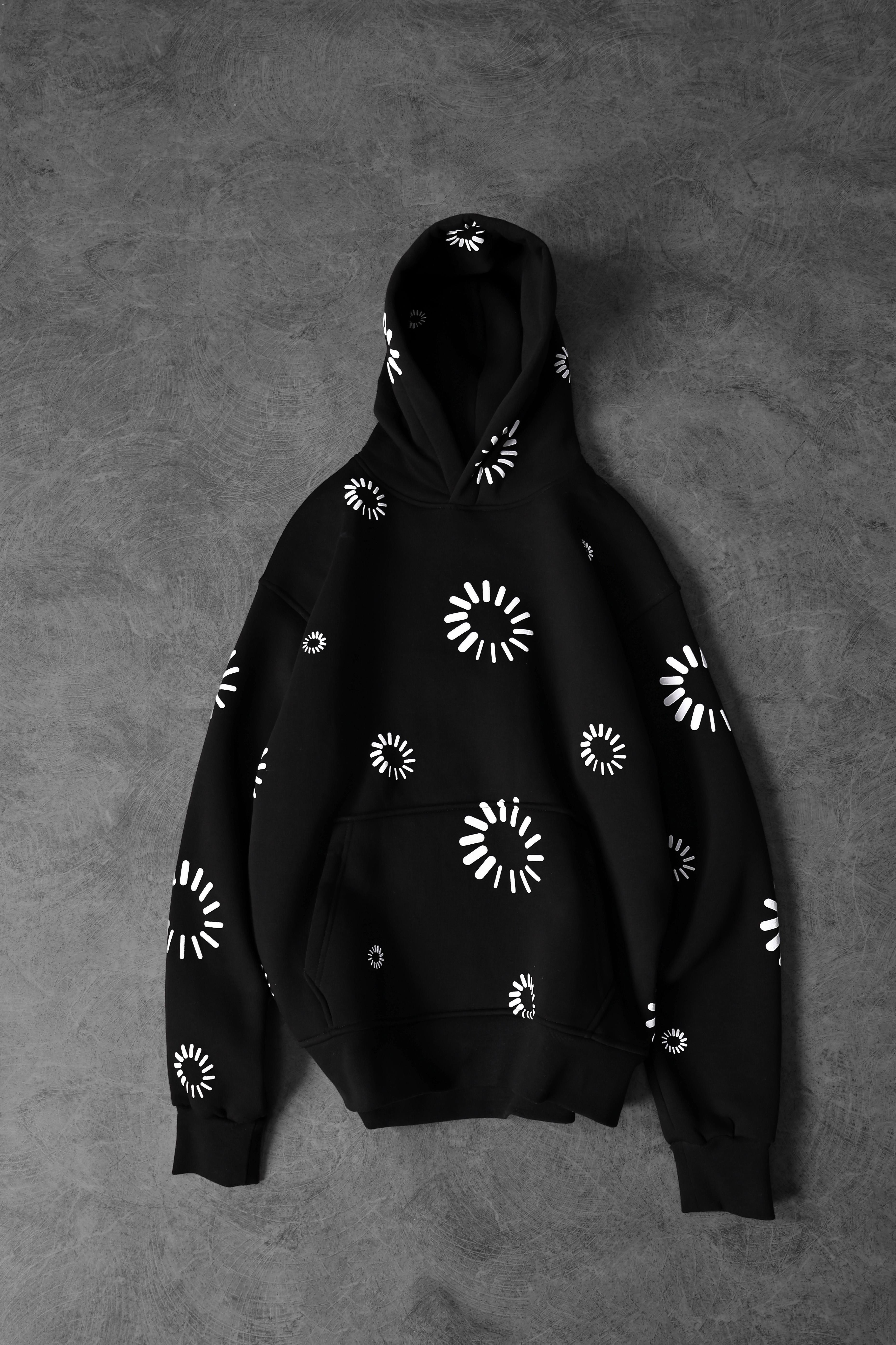 Erkek Siyah Geometrik Kabartma Baskı Oversize Kapüşonlu Sweatshirt