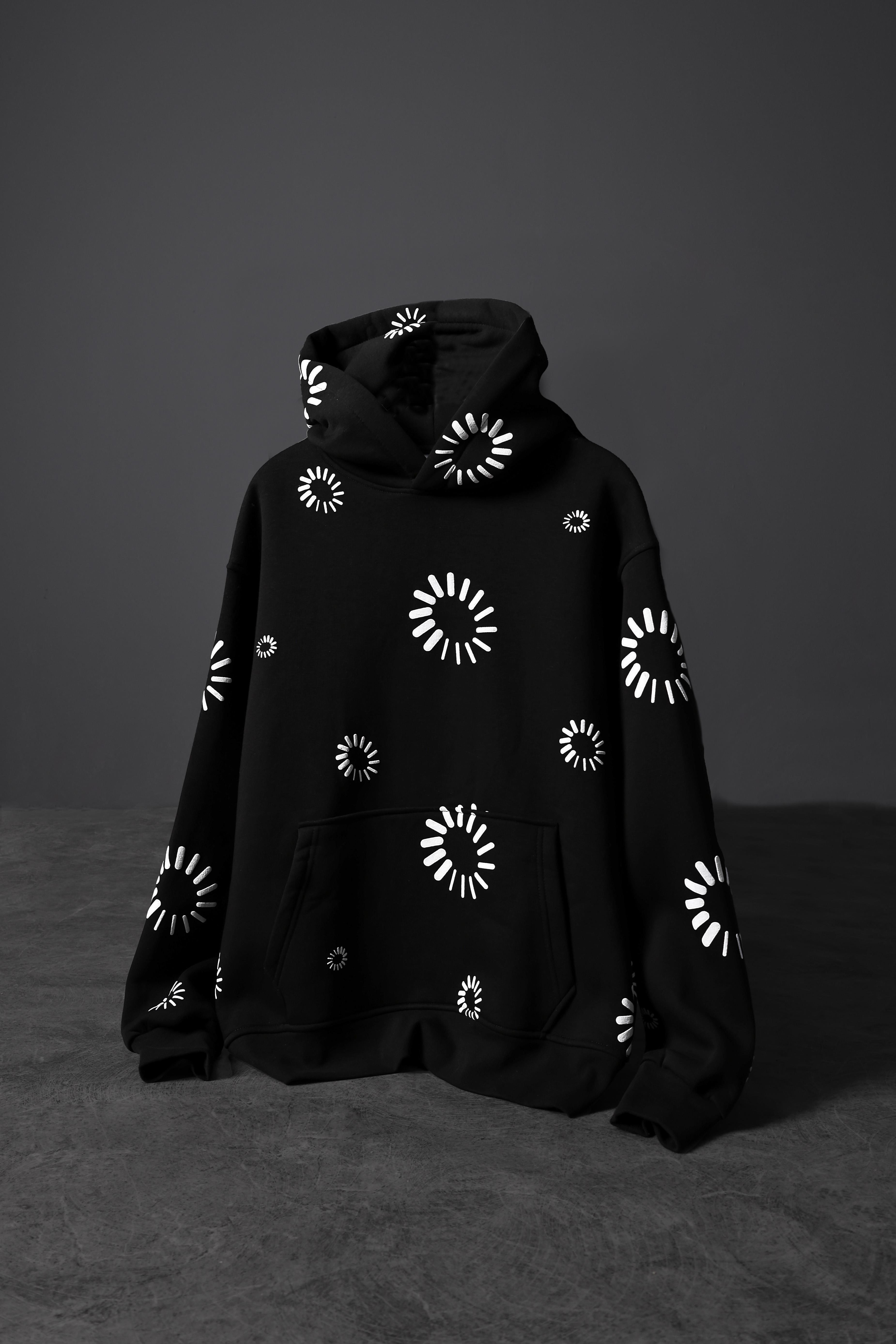 Erkek Siyah Geometrik Kabartma Baskı Oversize Kapüşonlu Sweatshirt