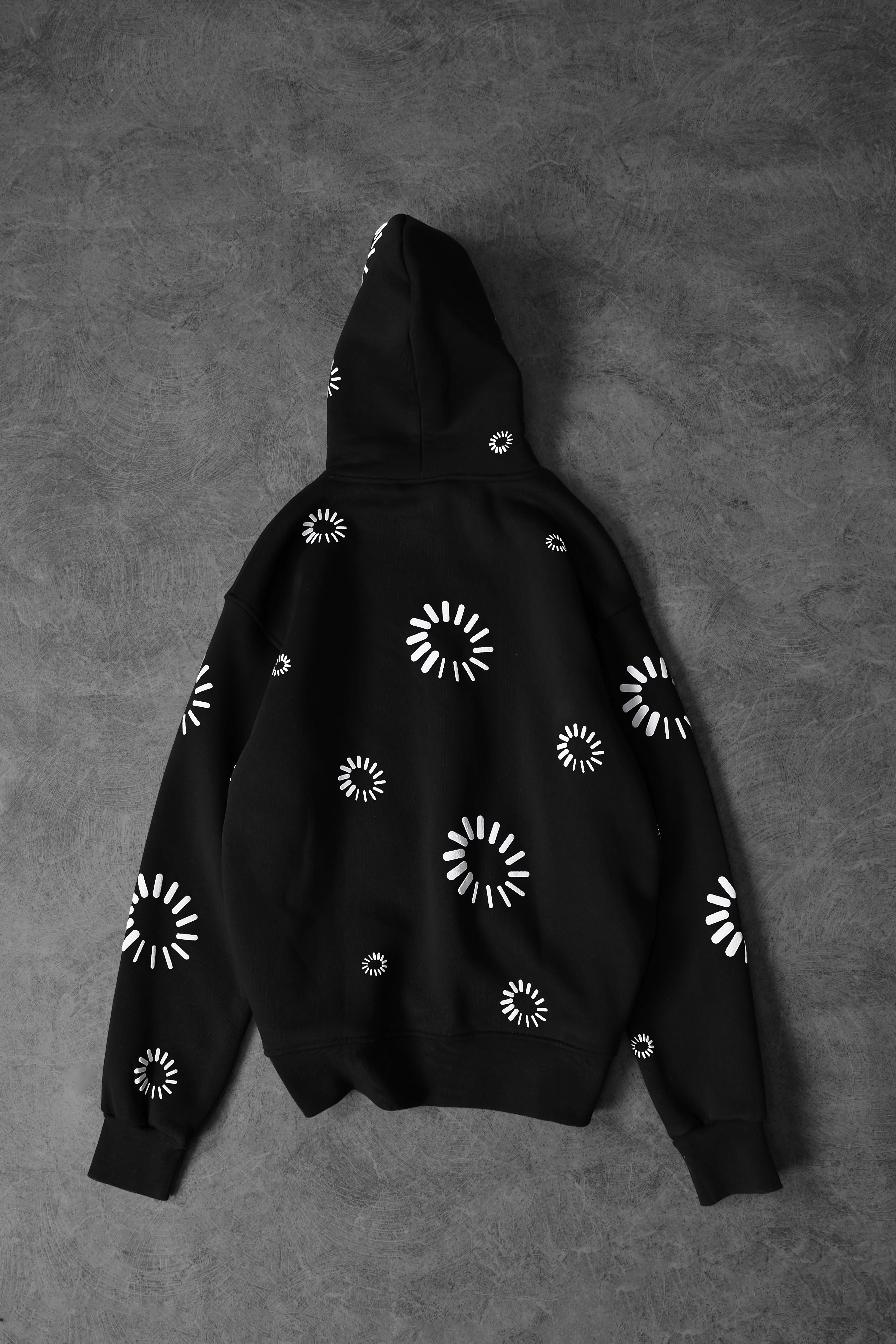 Erkek Siyah Geometrik Kabartma Baskı Oversize Kapüşonlu Sweatshirt