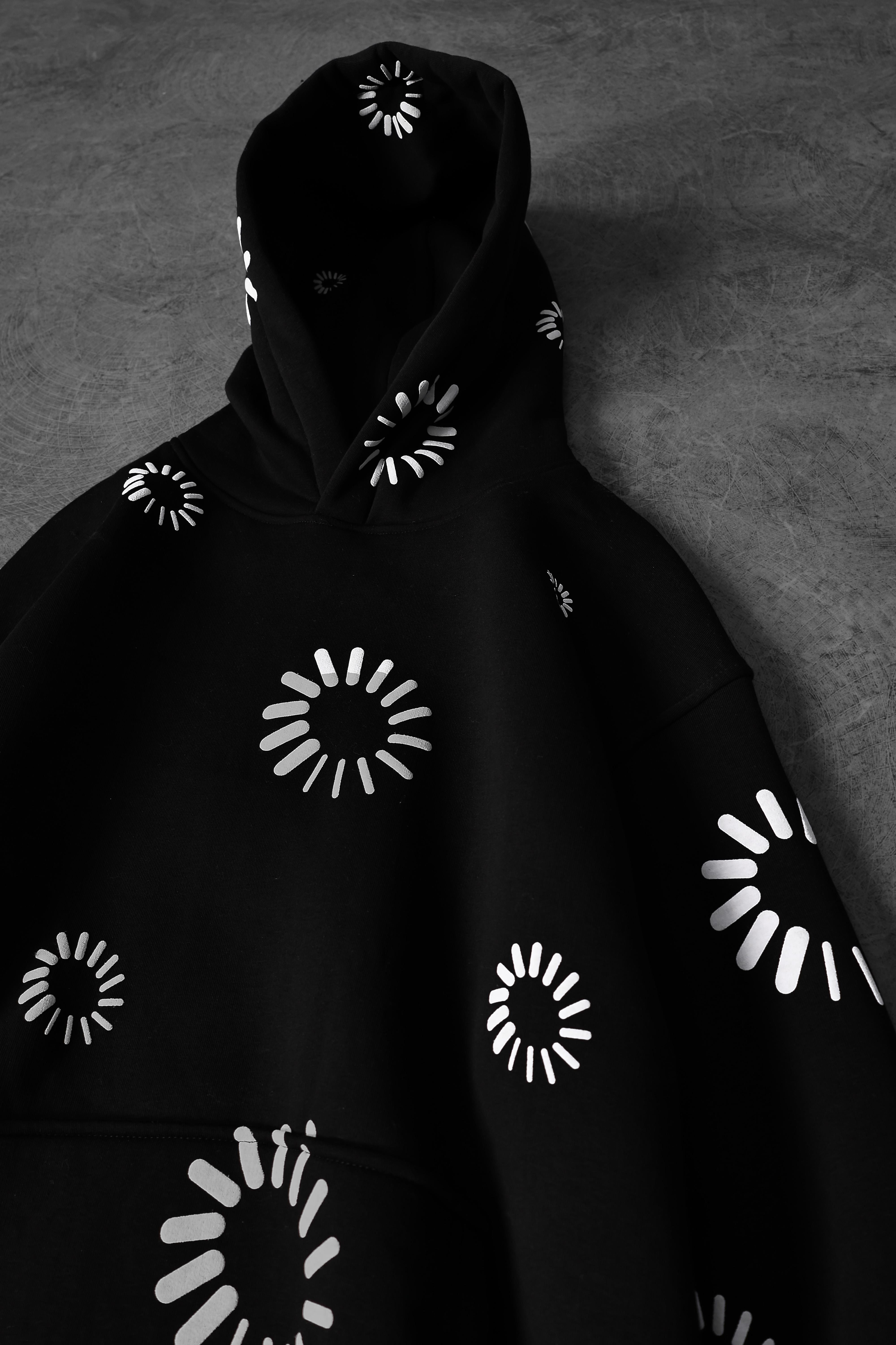 Erkek Siyah Geometrik Kabartma Baskı Oversize Kapüşonlu Sweatshirt