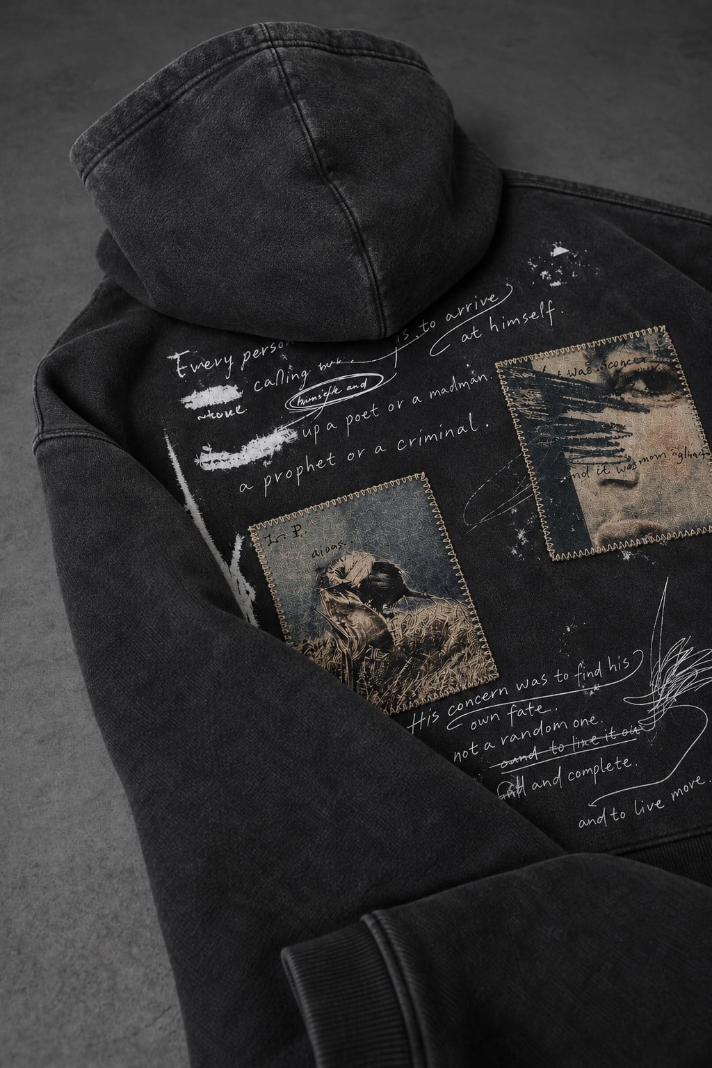 Erkek Siyah Himself Patch Özel Yıkamalı Oversize Hoodie