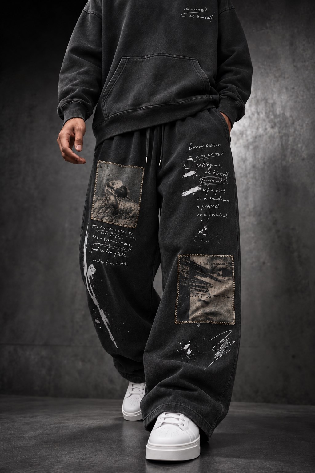 Erkek Siyah Himself Patch Özel Yıkamalı Baggy Eşofman