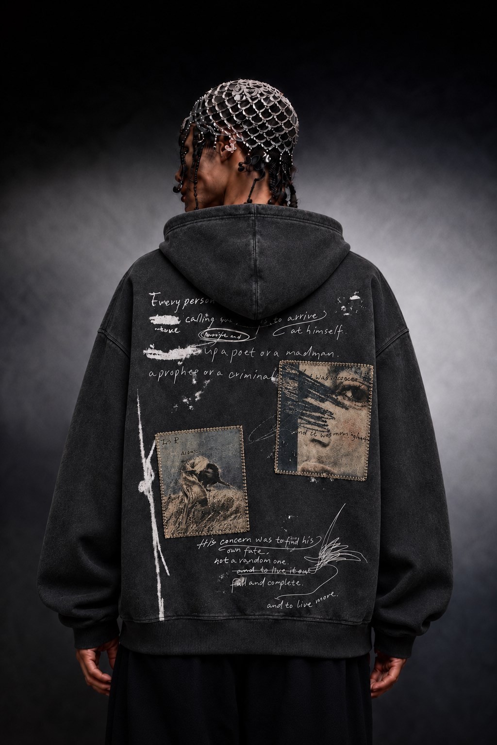 Erkek Siyah Himself Patch Özel Yıkamalı Oversize Hoodie