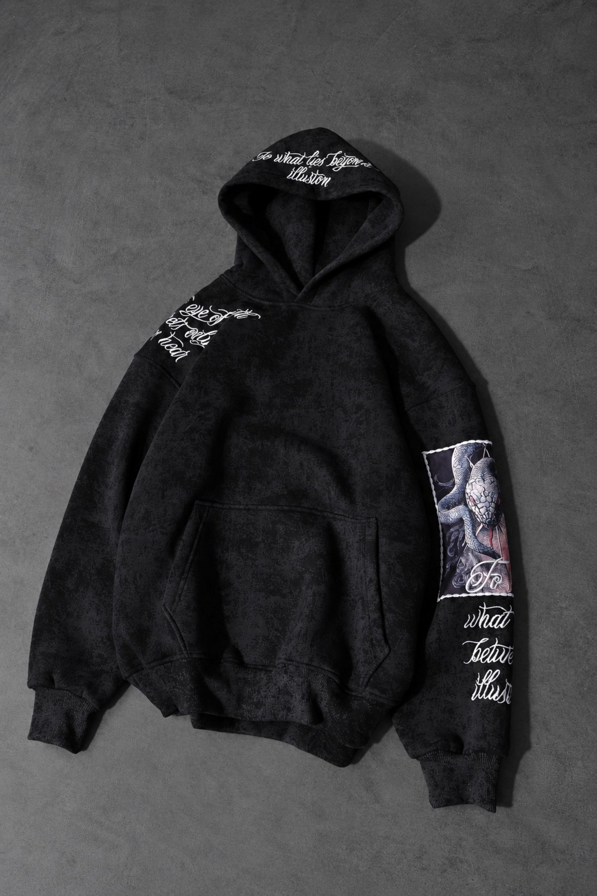Erkek Siyah İllusion Nakışlı Patchli Yıkamalı Oversize Kapüşonlu Sweatshirt