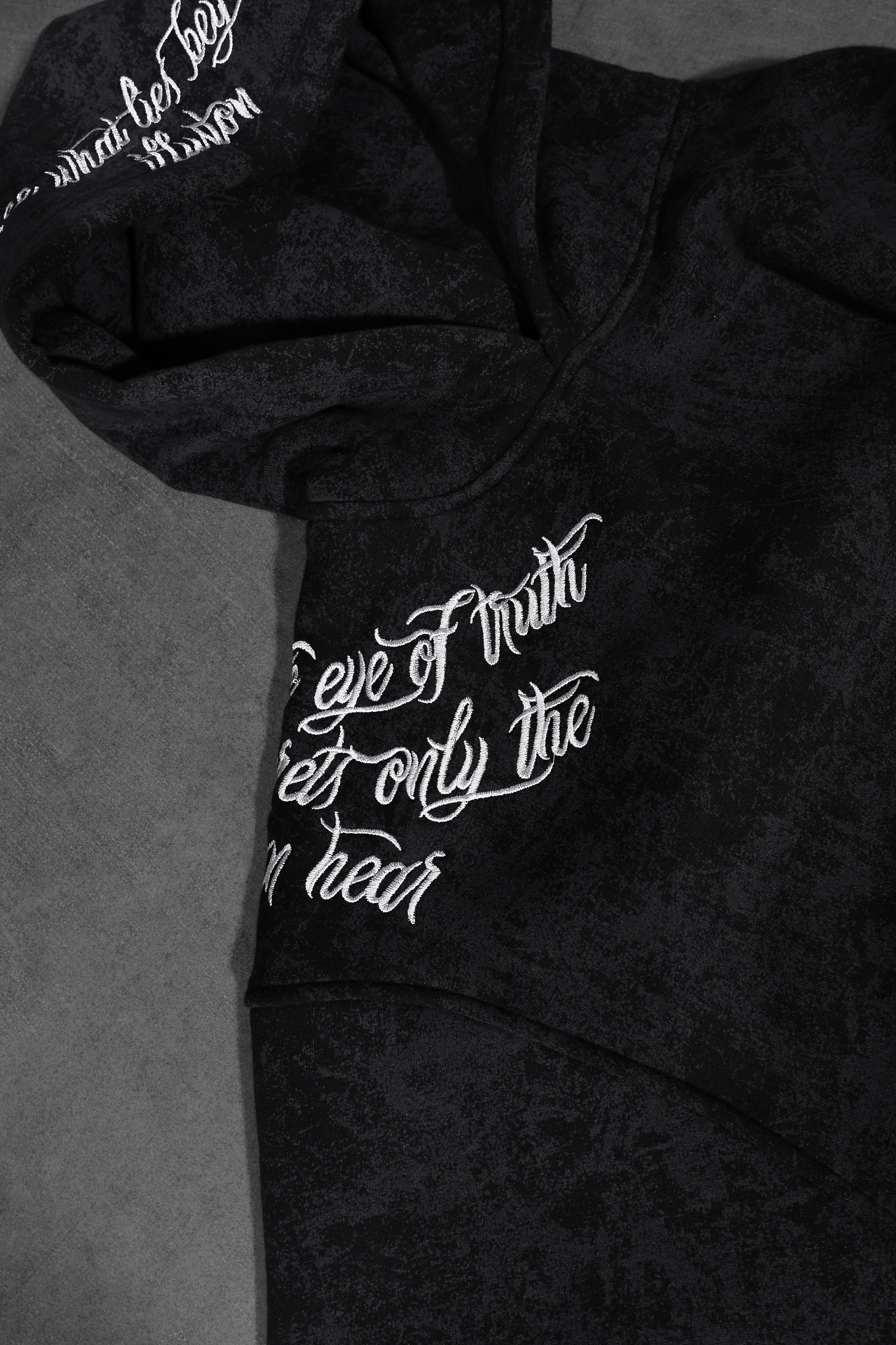 Erkek Siyah İllusion Nakışlı Patchli Yıkamalı Oversize Kapüşonlu Sweatshirt