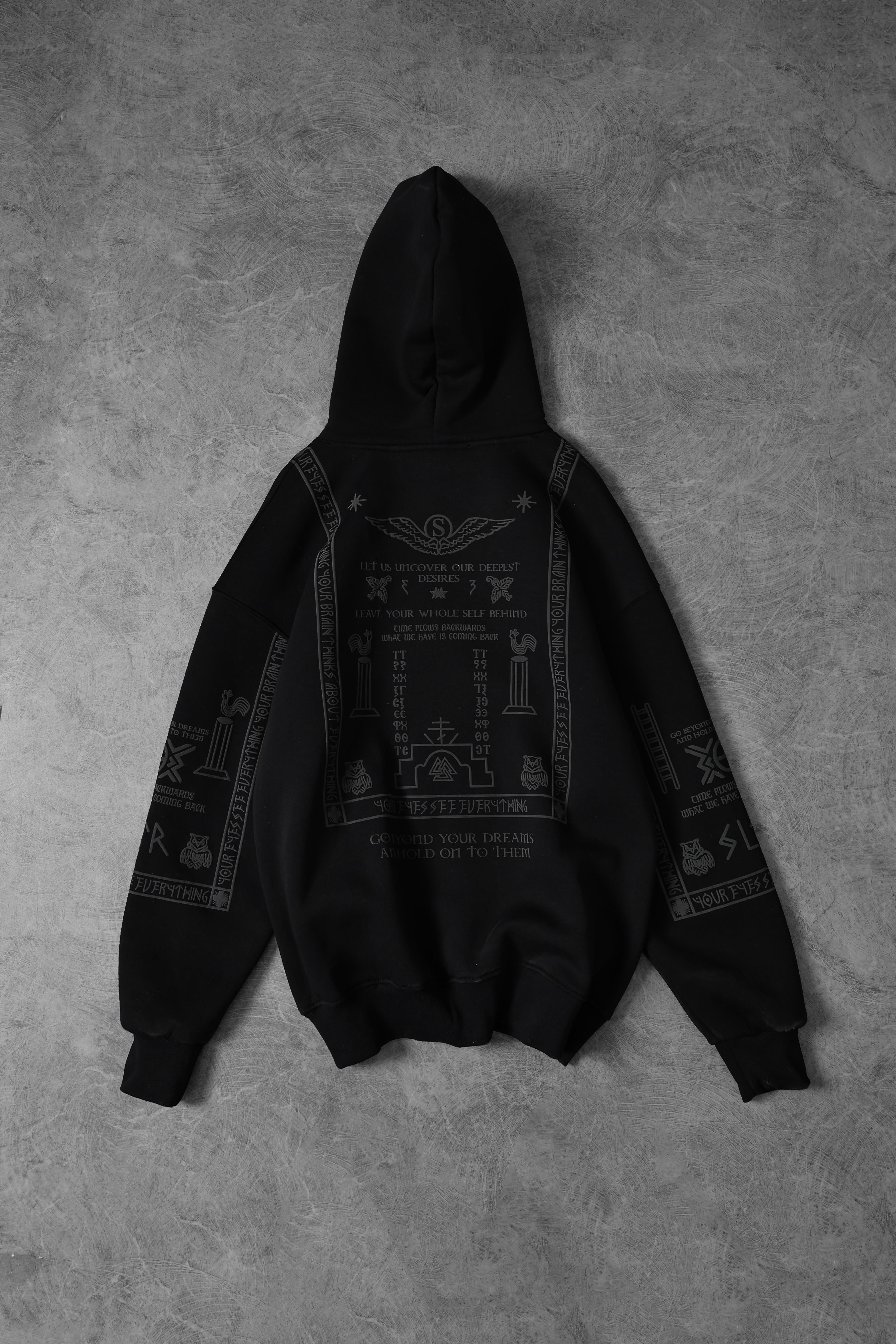 Erkek Siyah Kabartma Baskı Kapüşonlu Oversize Sweatshirt