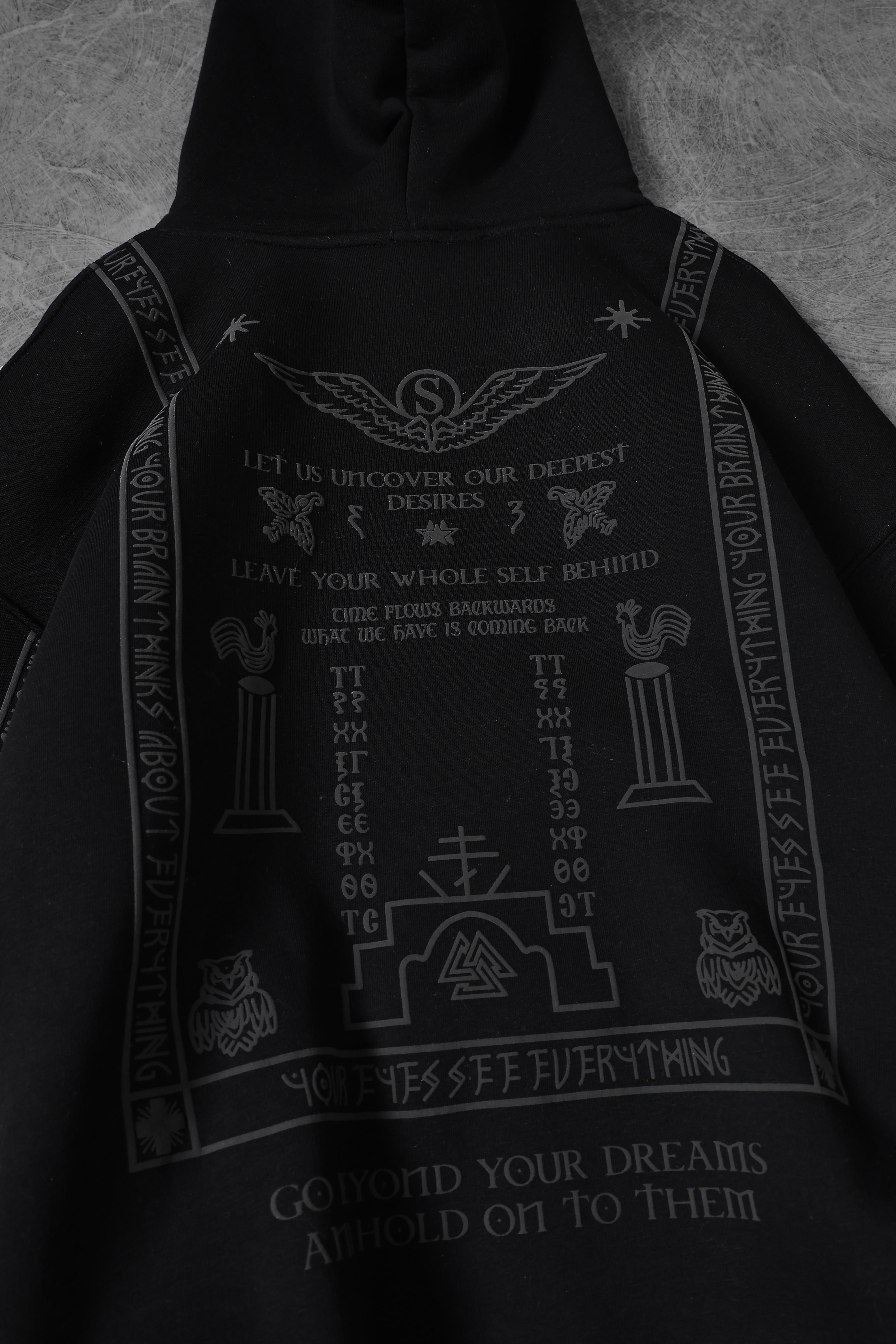 Erkek Siyah Kabartma Baskı Kapüşonlu Oversize Sweatshirt