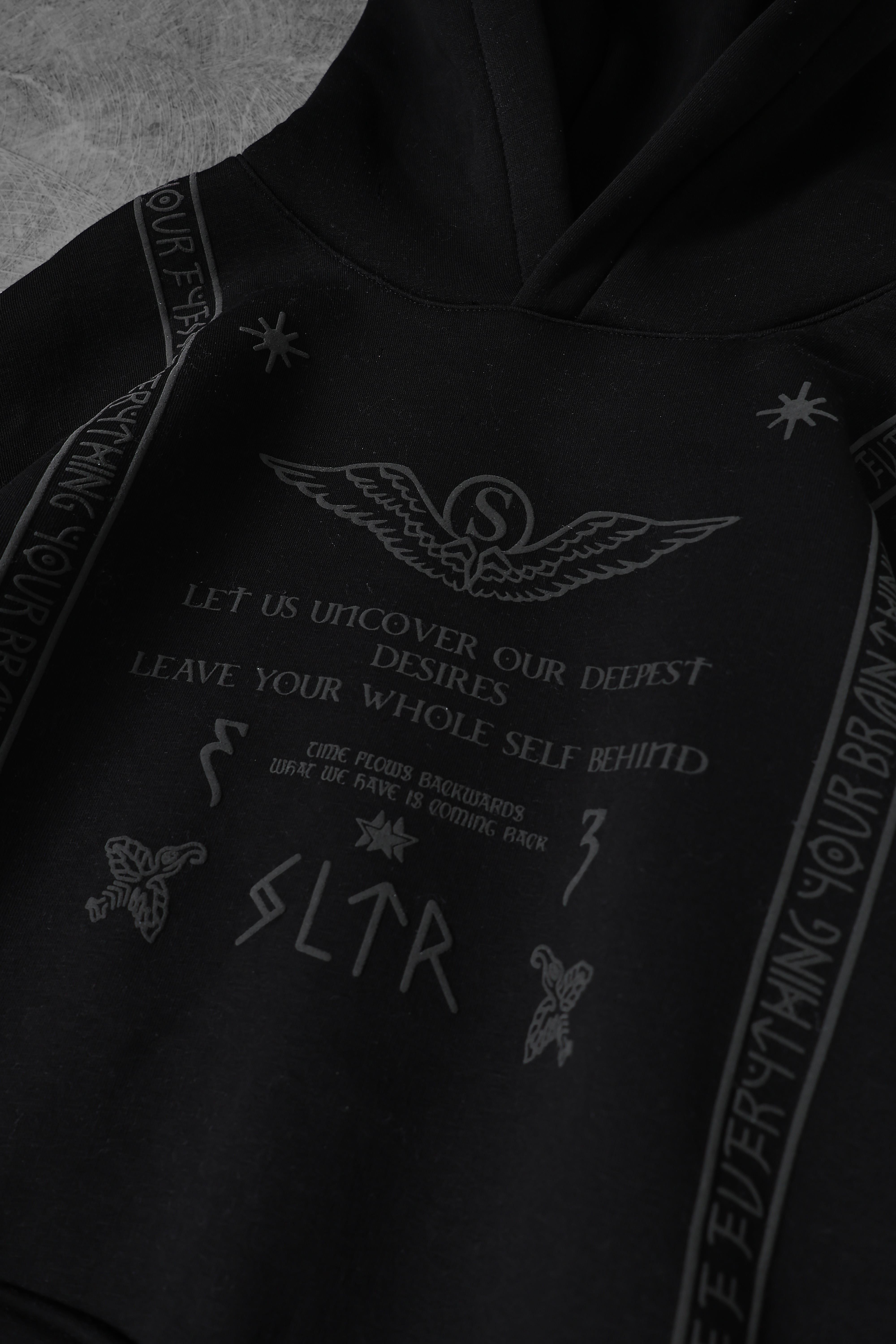Erkek Siyah Kabartma Baskı Kapüşonlu Oversize Sweatshirt