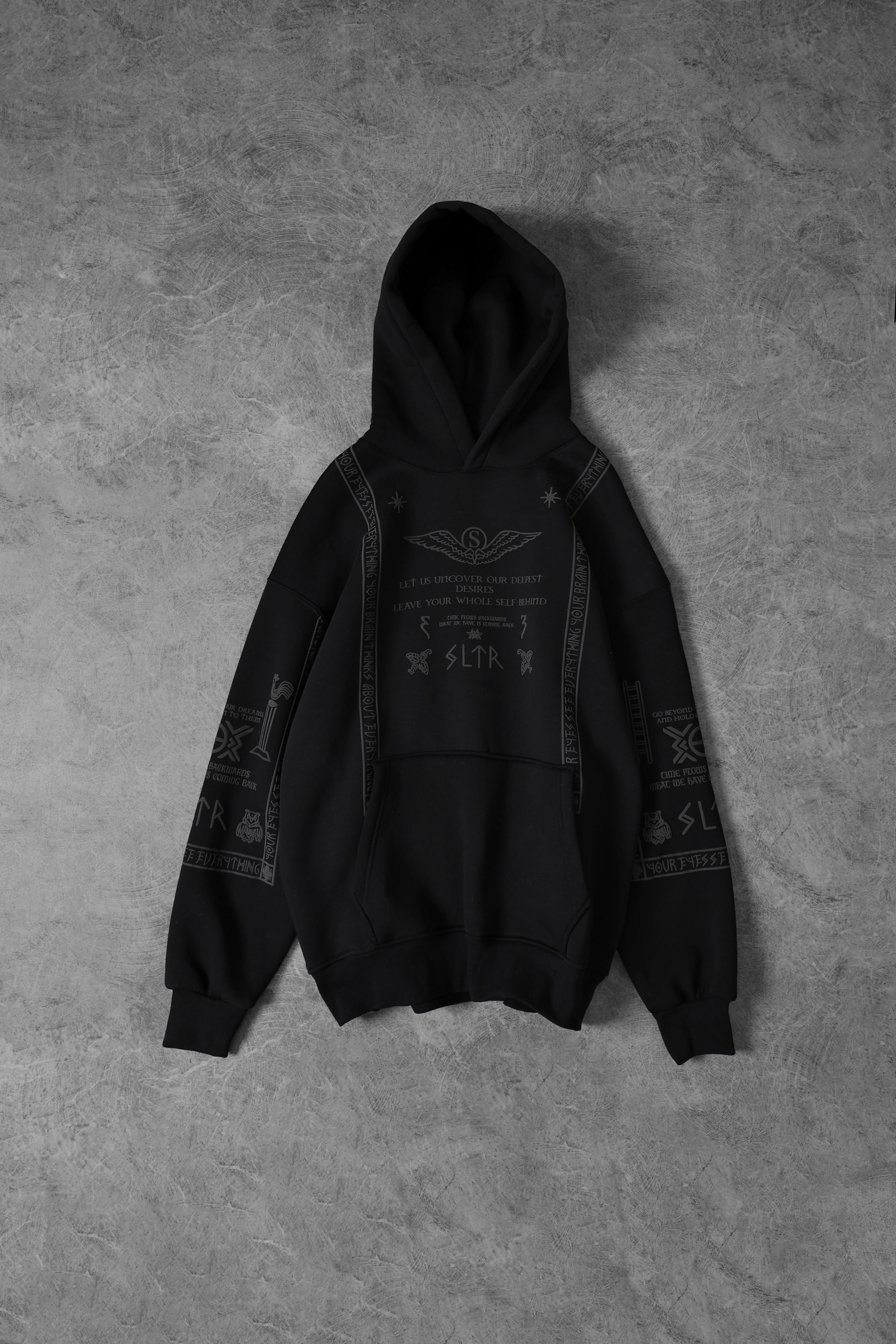 Erkek Siyah Kabartma Baskı Kapüşonlu Oversize Sweatshirt