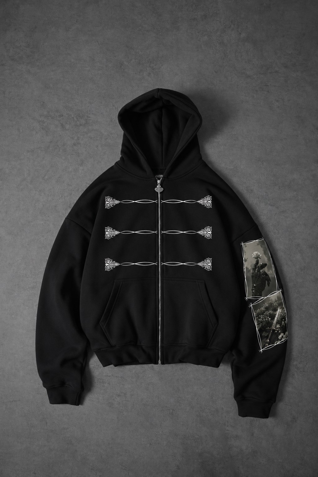 Erkek Siyah Knight Oversize Full Zip Hoodie