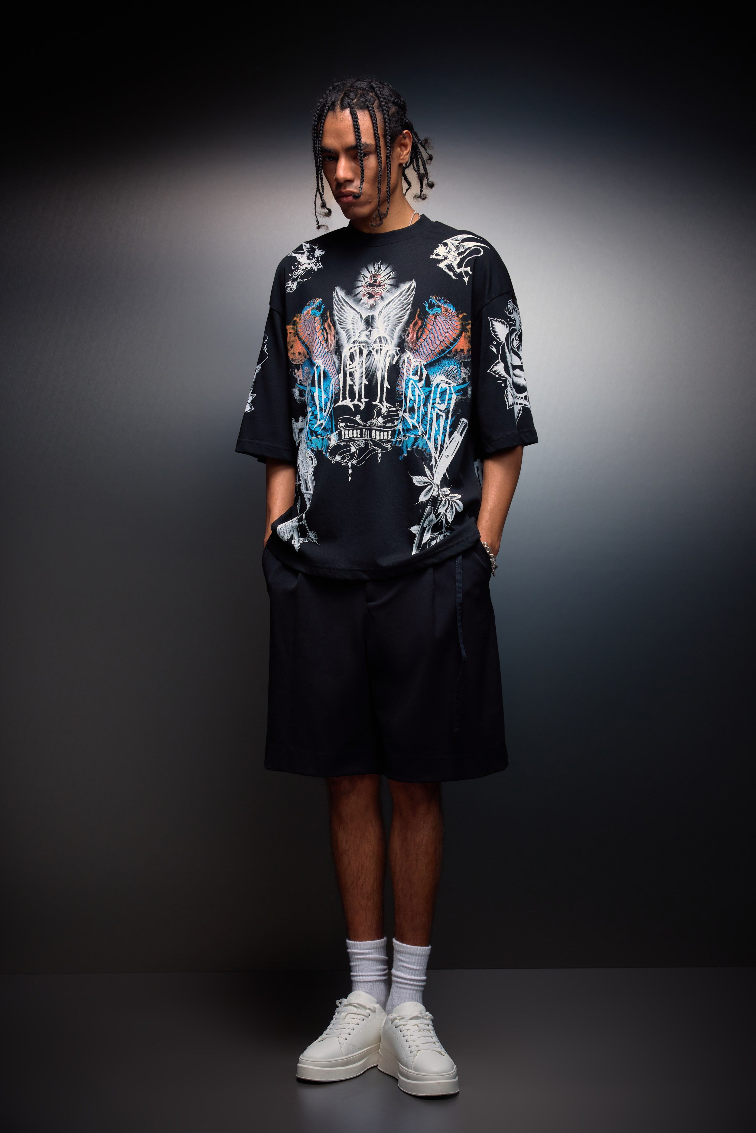 Erkek Siyah La Familia Es Todo Oversize Tshirt