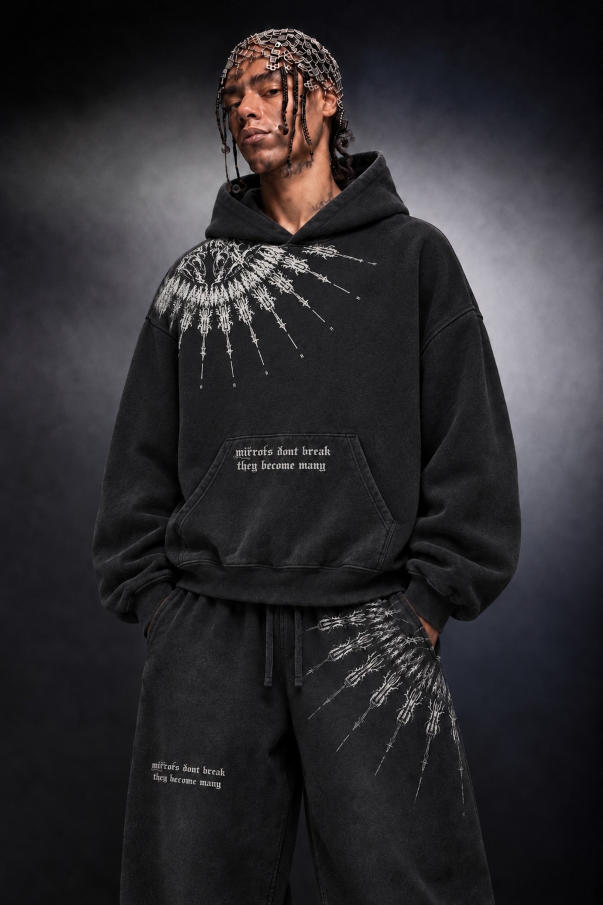 Erkek Siyah Mantra Özel Yıkamalı Oversize Hoodie
