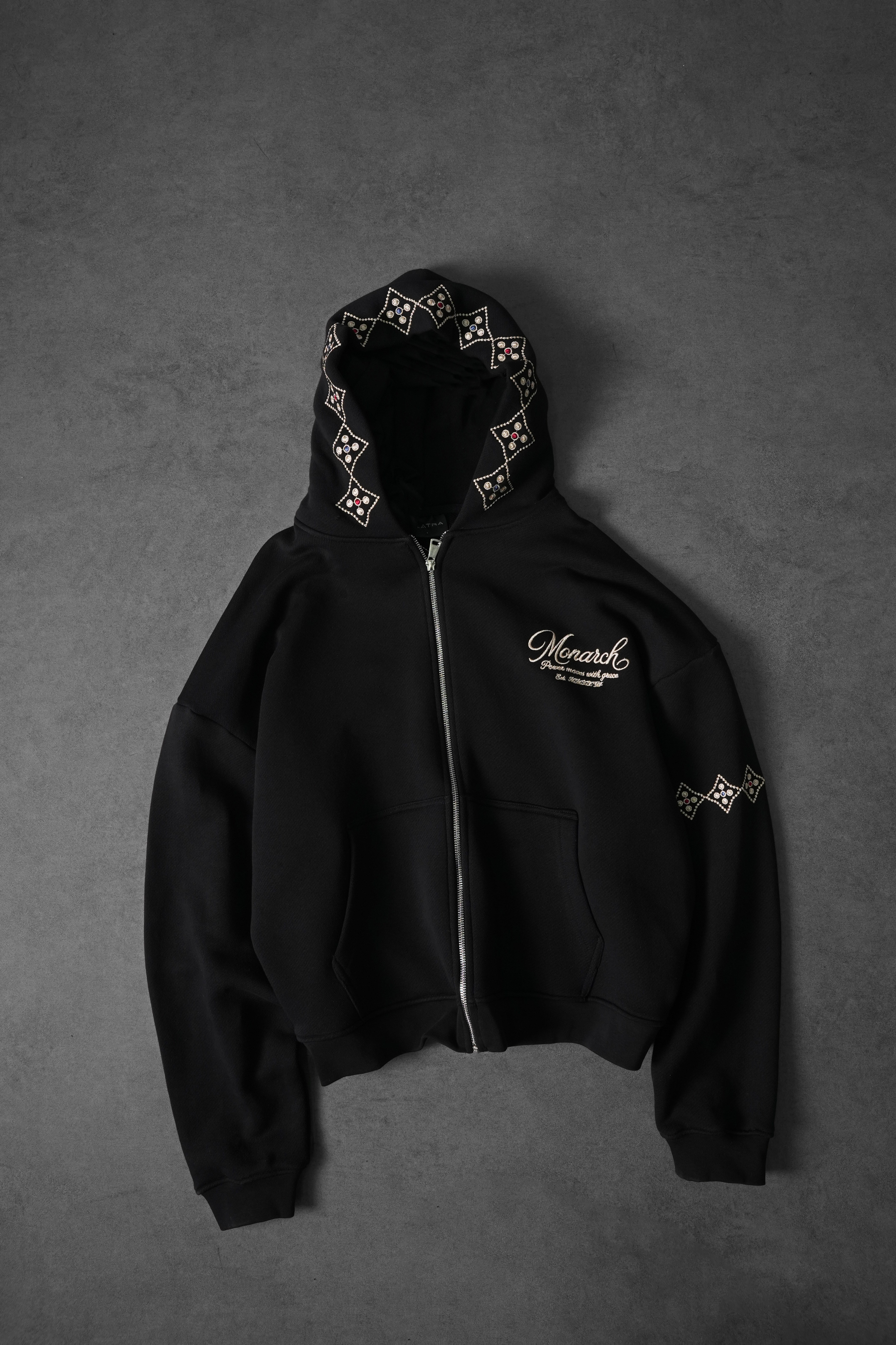 Erkek Siyah Monarch Nakışlı Oversize Full Zip Hoodie