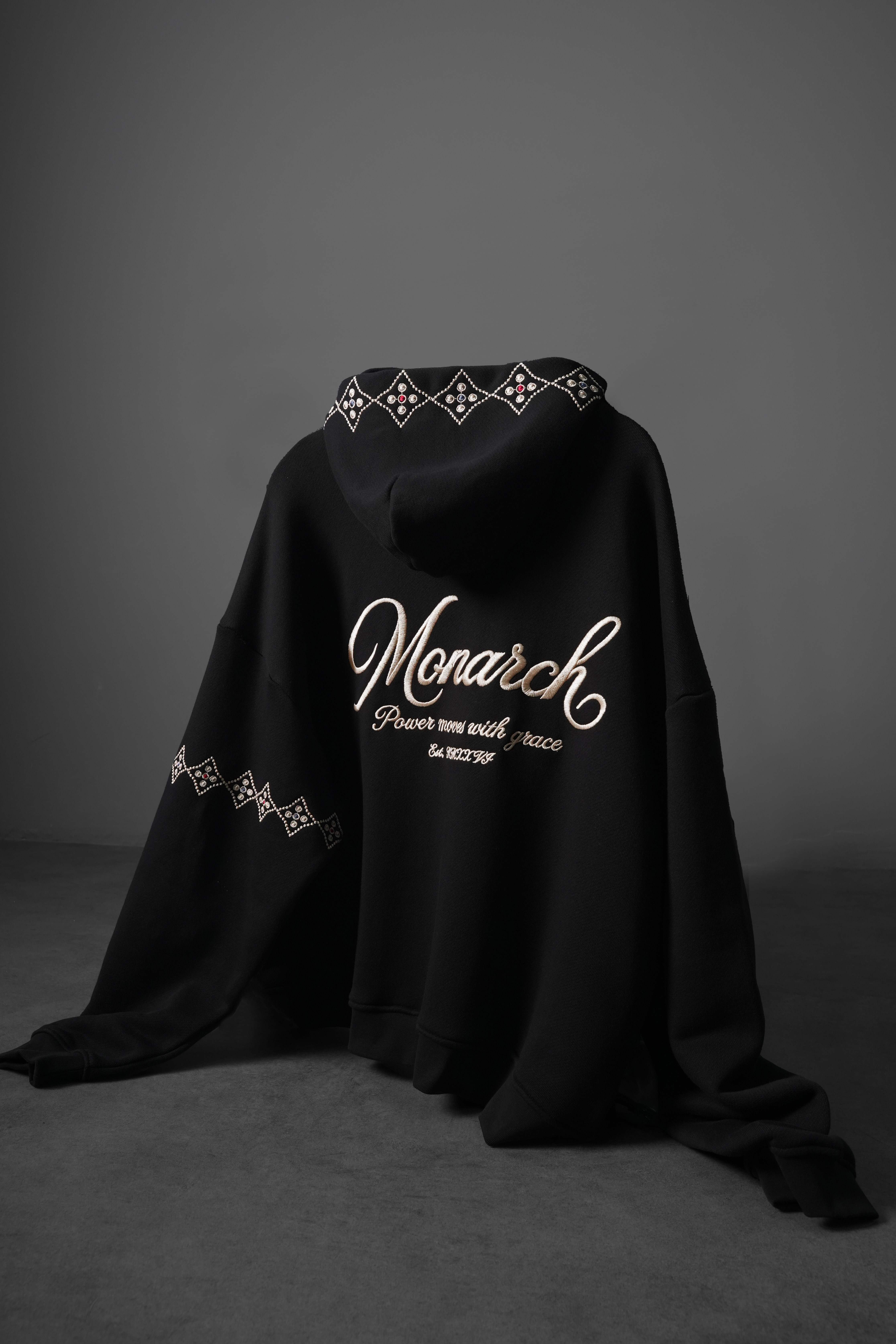 Erkek Siyah Monarch Nakışlı Oversize Full Zip Hoodie