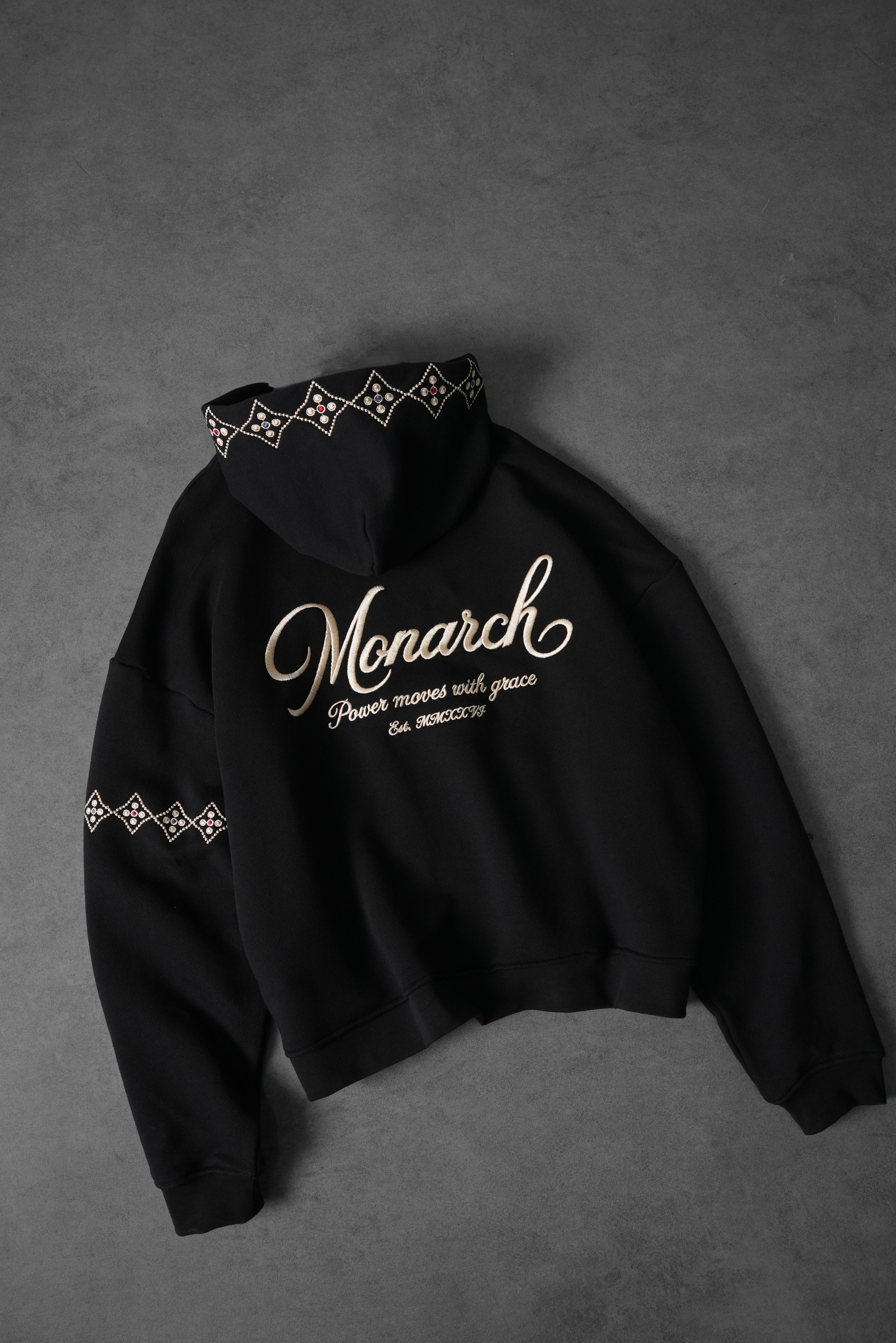 Erkek Siyah Monarch Nakışlı Oversize Full Zip Hoodie