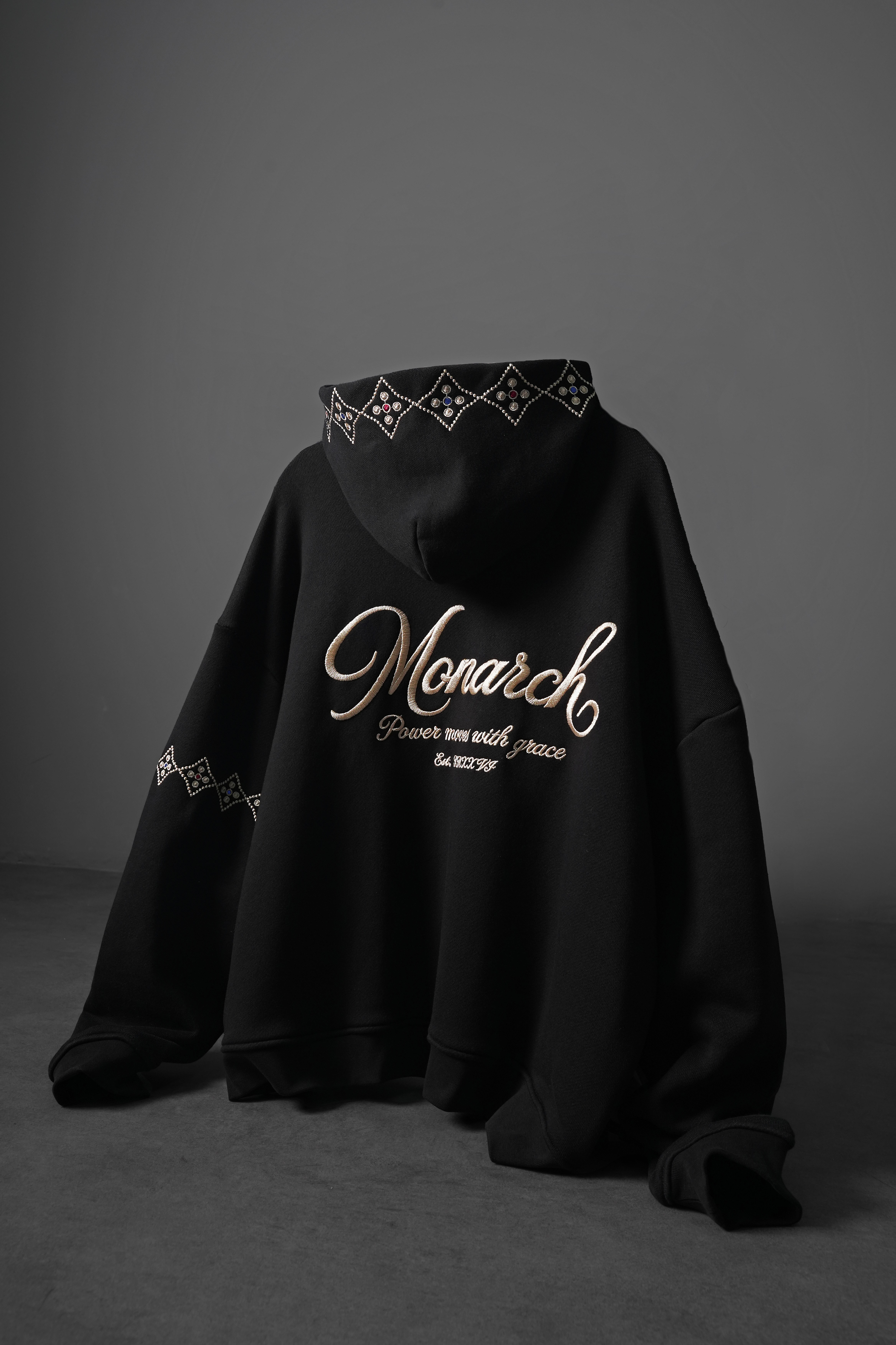 Erkek Siyah Monarch Nakışlı Oversize Full Zip Hoodie