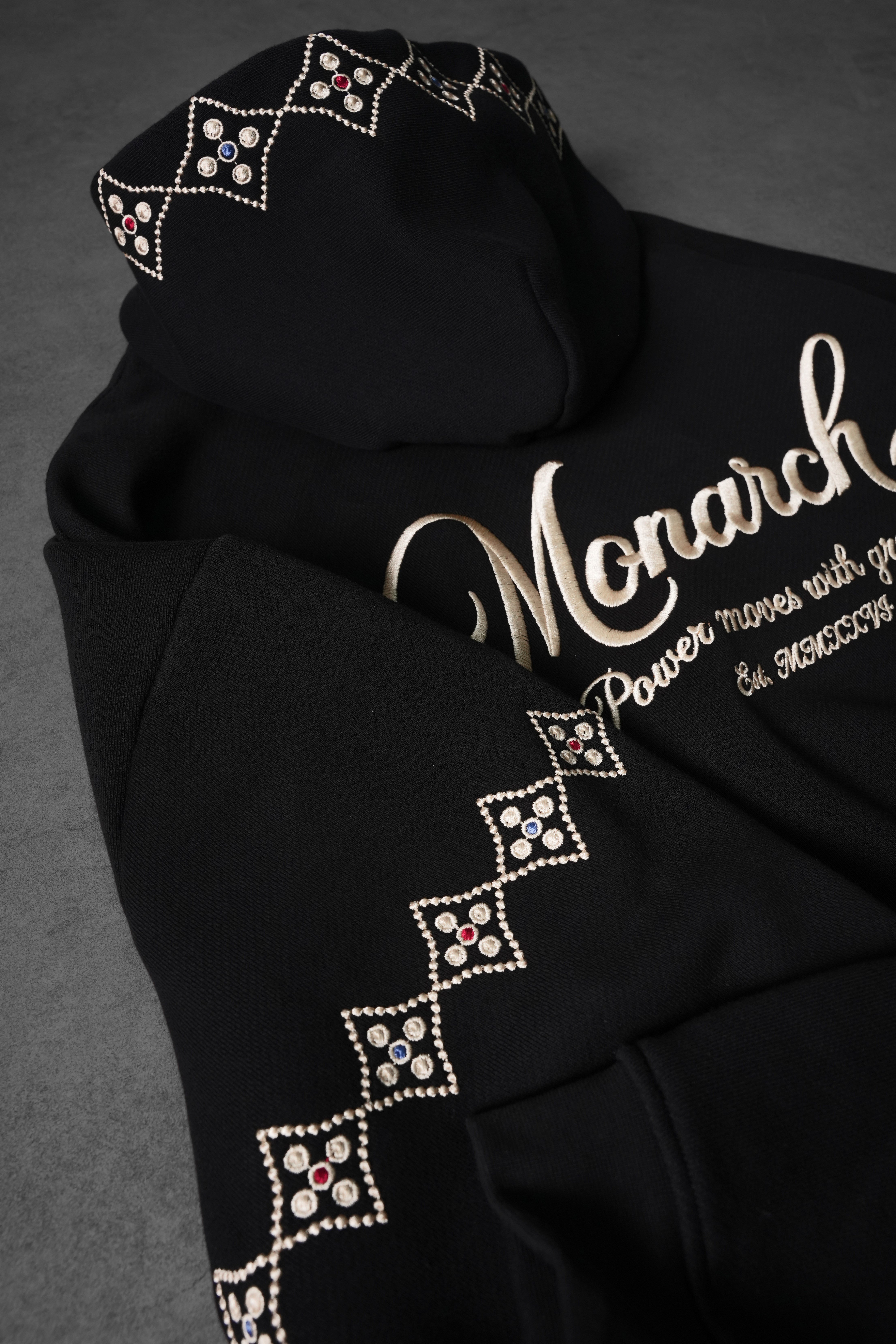Erkek Siyah Monarch Nakışlı Oversize Full Zip Hoodie