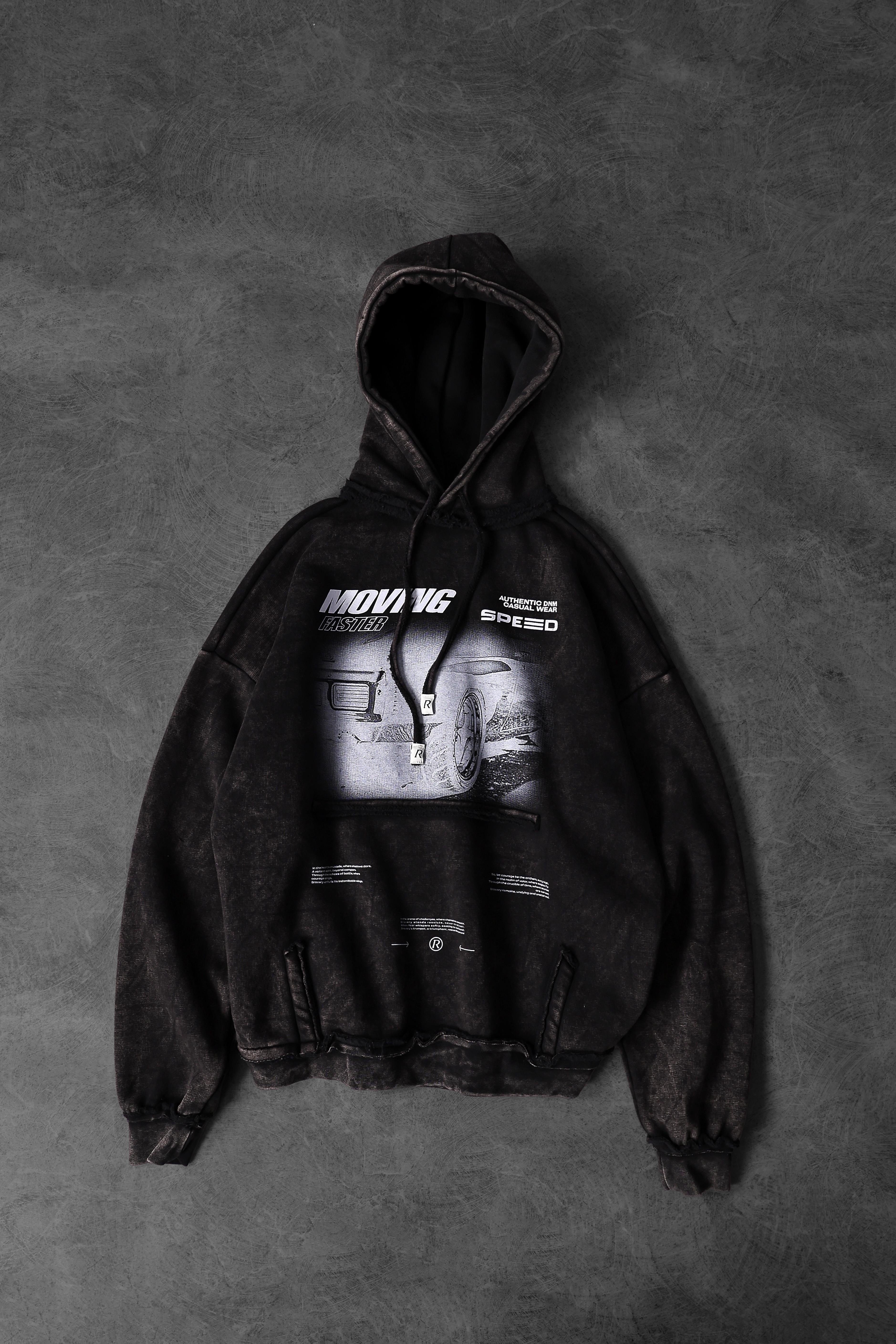 Erkek Siyah Moving Faster Özel Yıkamalı Oversize Kapüşonlu Sweatshirt
