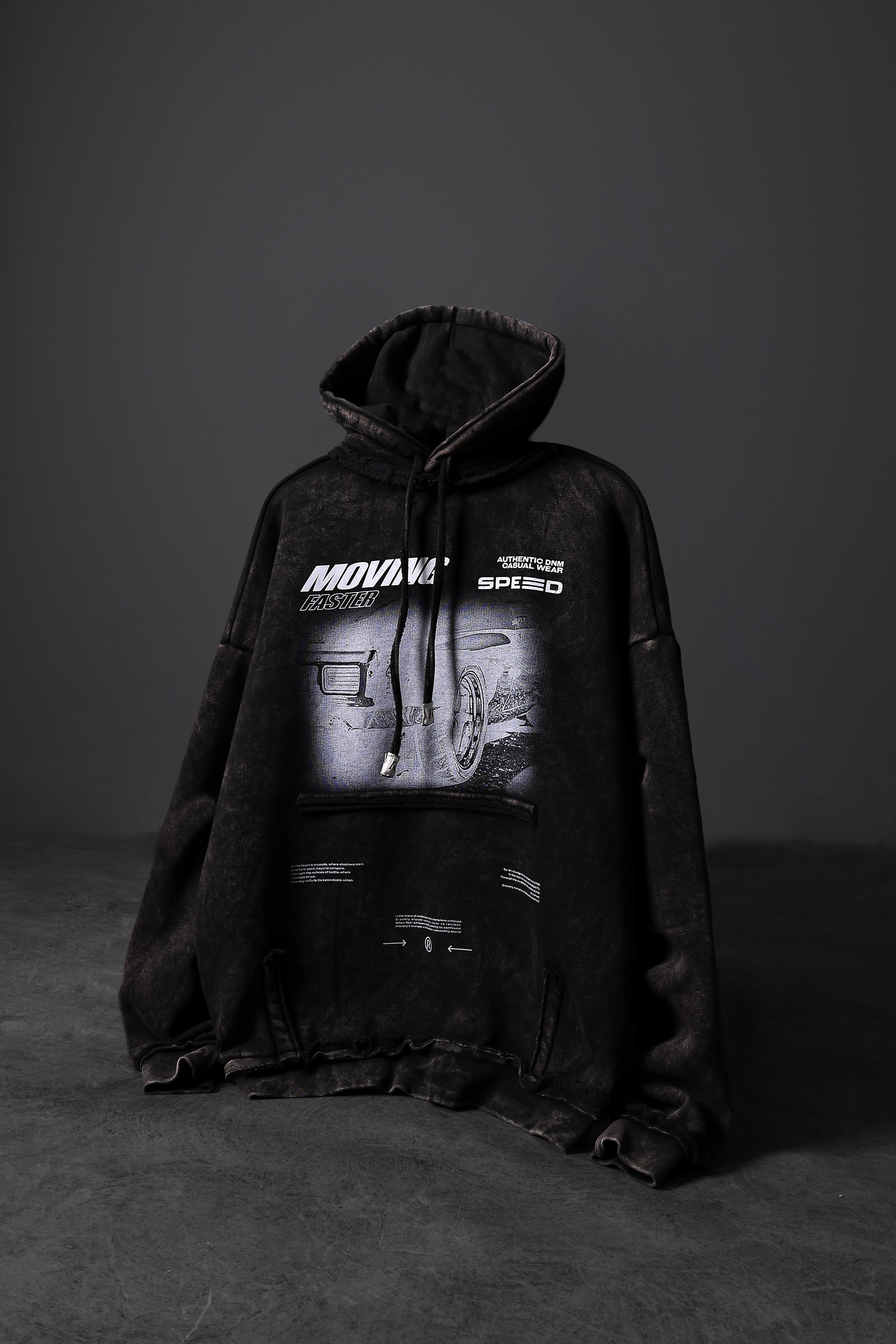 Erkek Siyah Moving Faster Özel Yıkamalı Oversize Kapüşonlu Sweatshirt