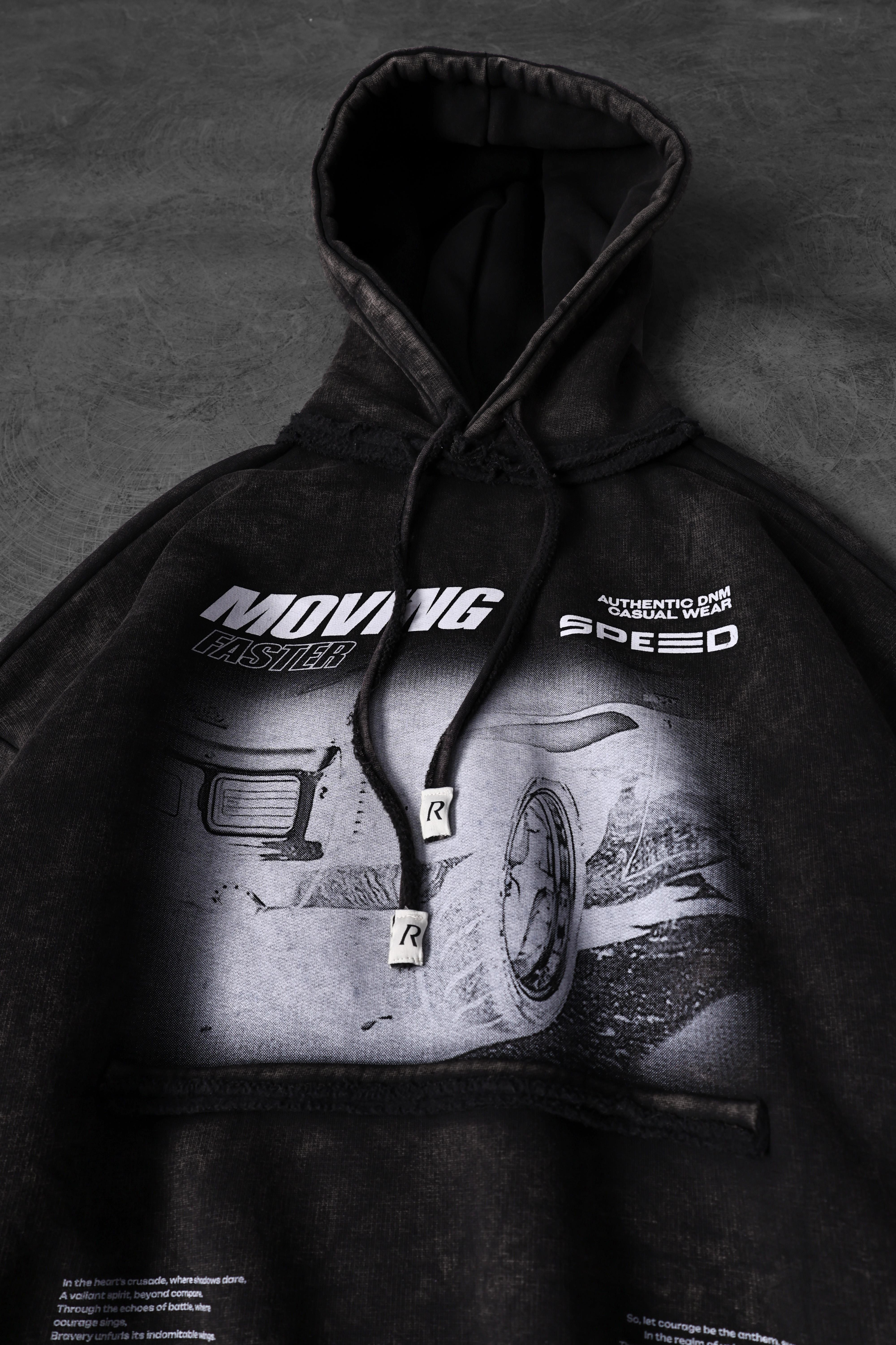 Erkek Siyah Moving Faster Özel Yıkamalı Oversize Kapüşonlu Sweatshirt