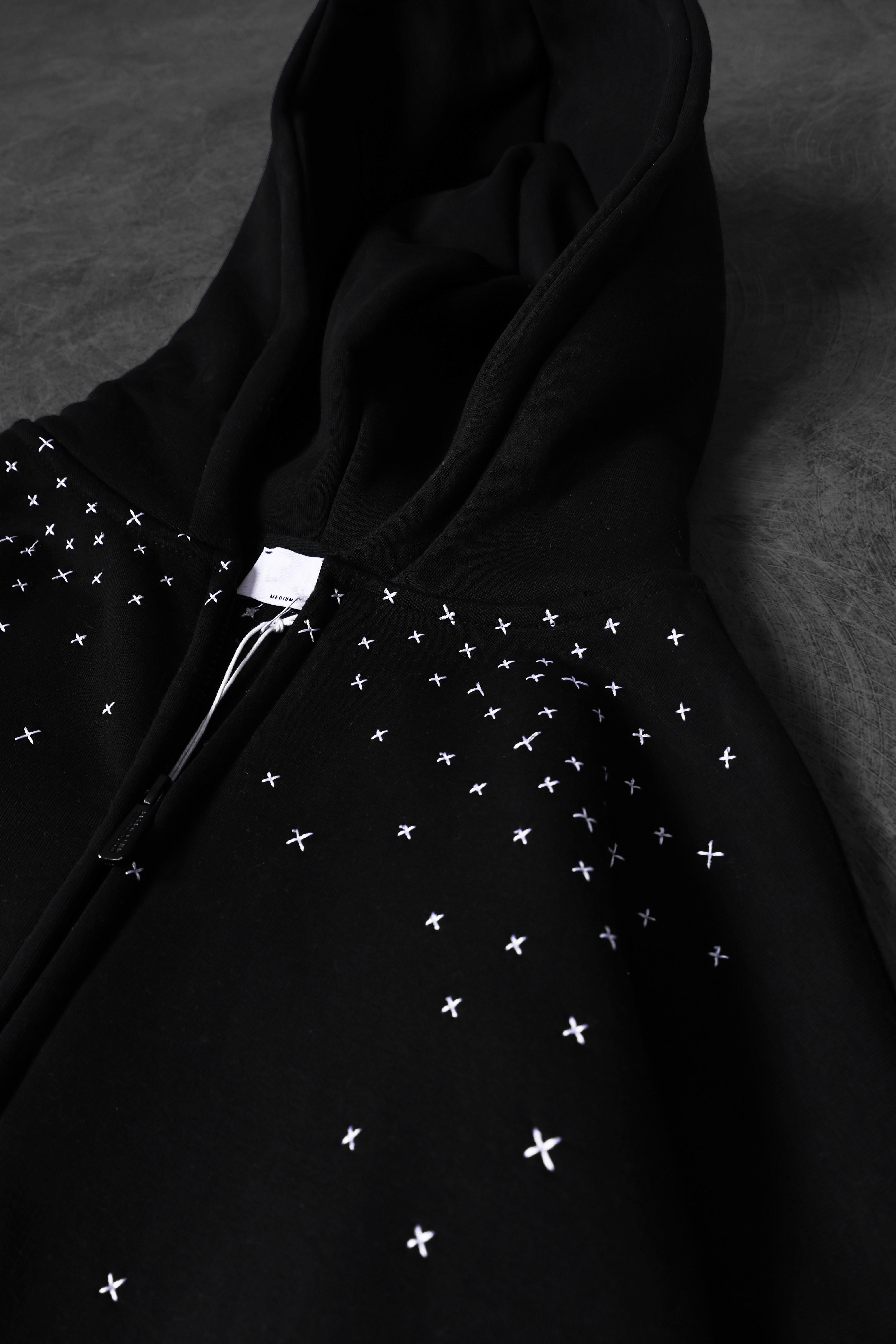 Erkek Siyah Nakış Detay Full Zip Oversize Kapüşonlu Sweatshirt