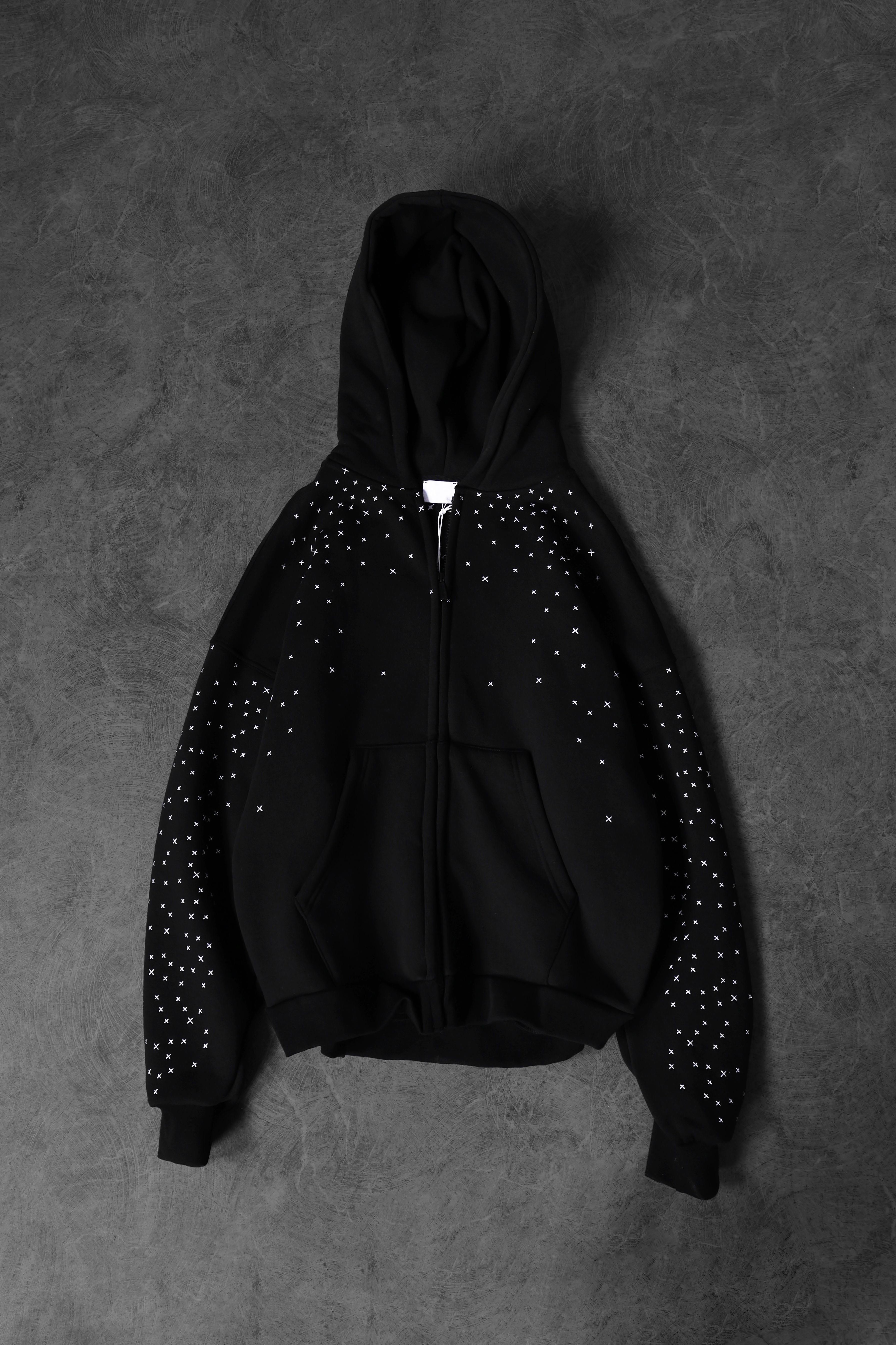 Erkek Siyah Nakış Detay Full Zip Oversize Kapüşonlu Sweatshirt