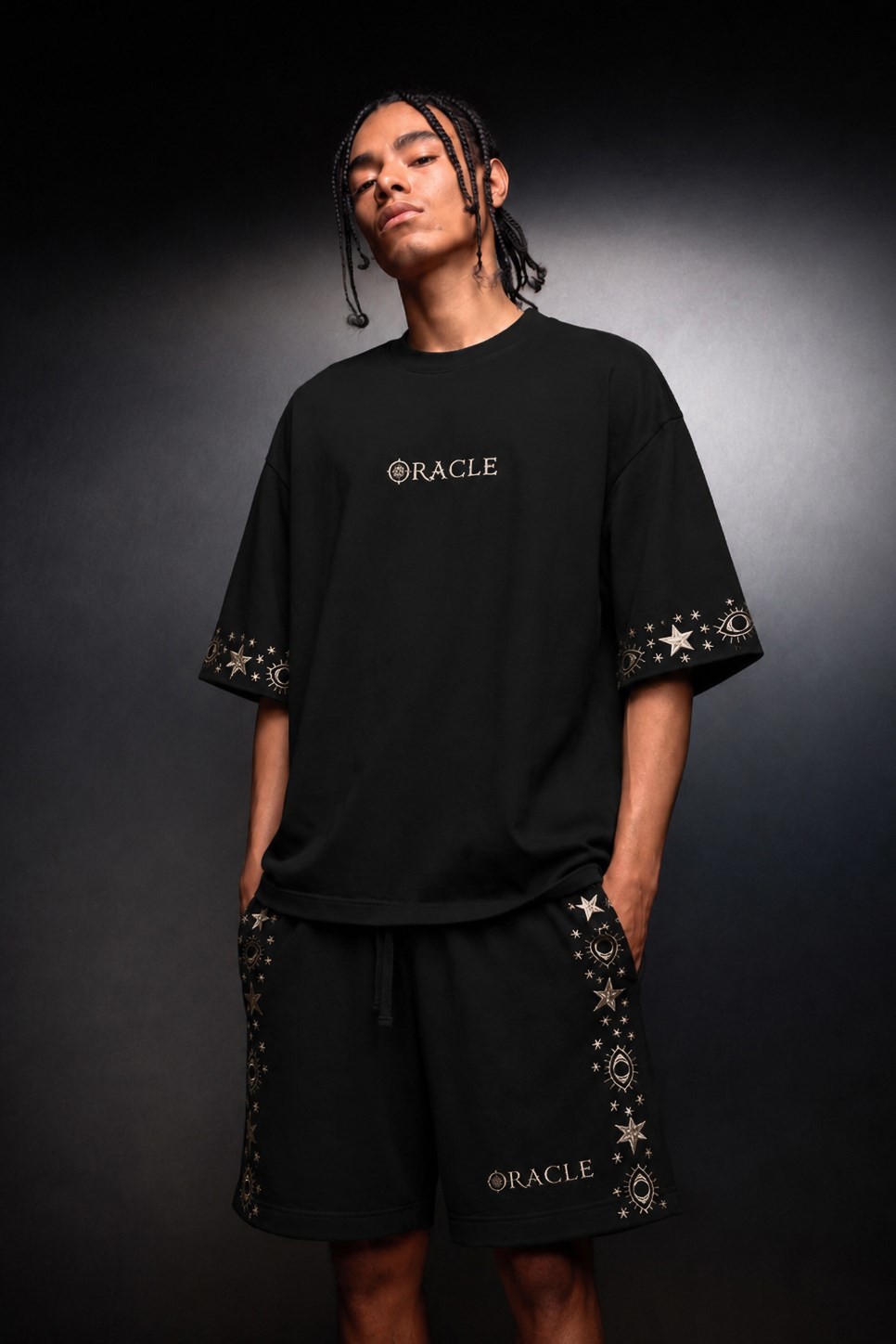 Erkek Siyah Oracle Nakışlı Oversize Tshirt