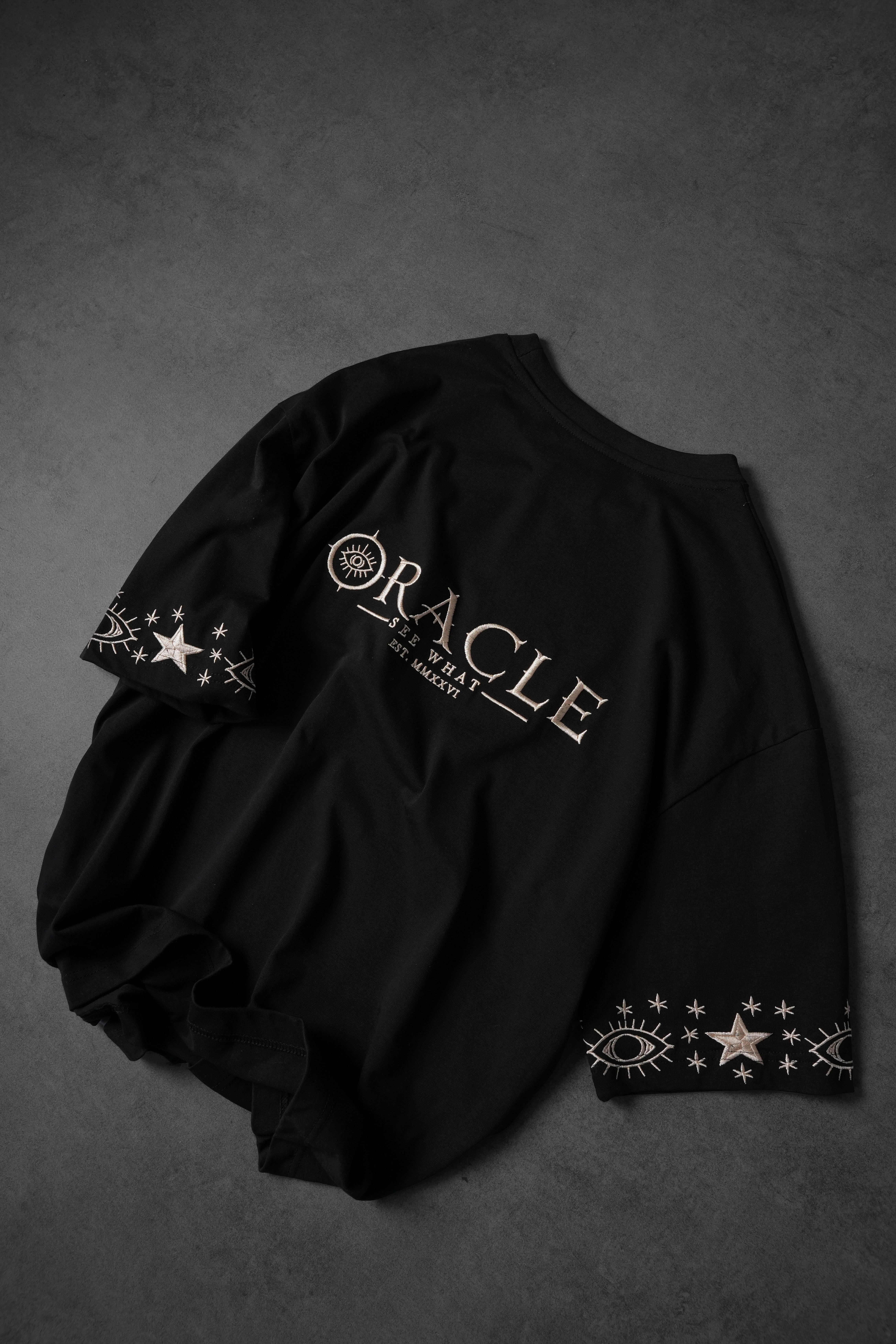Erkek Siyah Oracle Nakışlı Oversize Tshirt