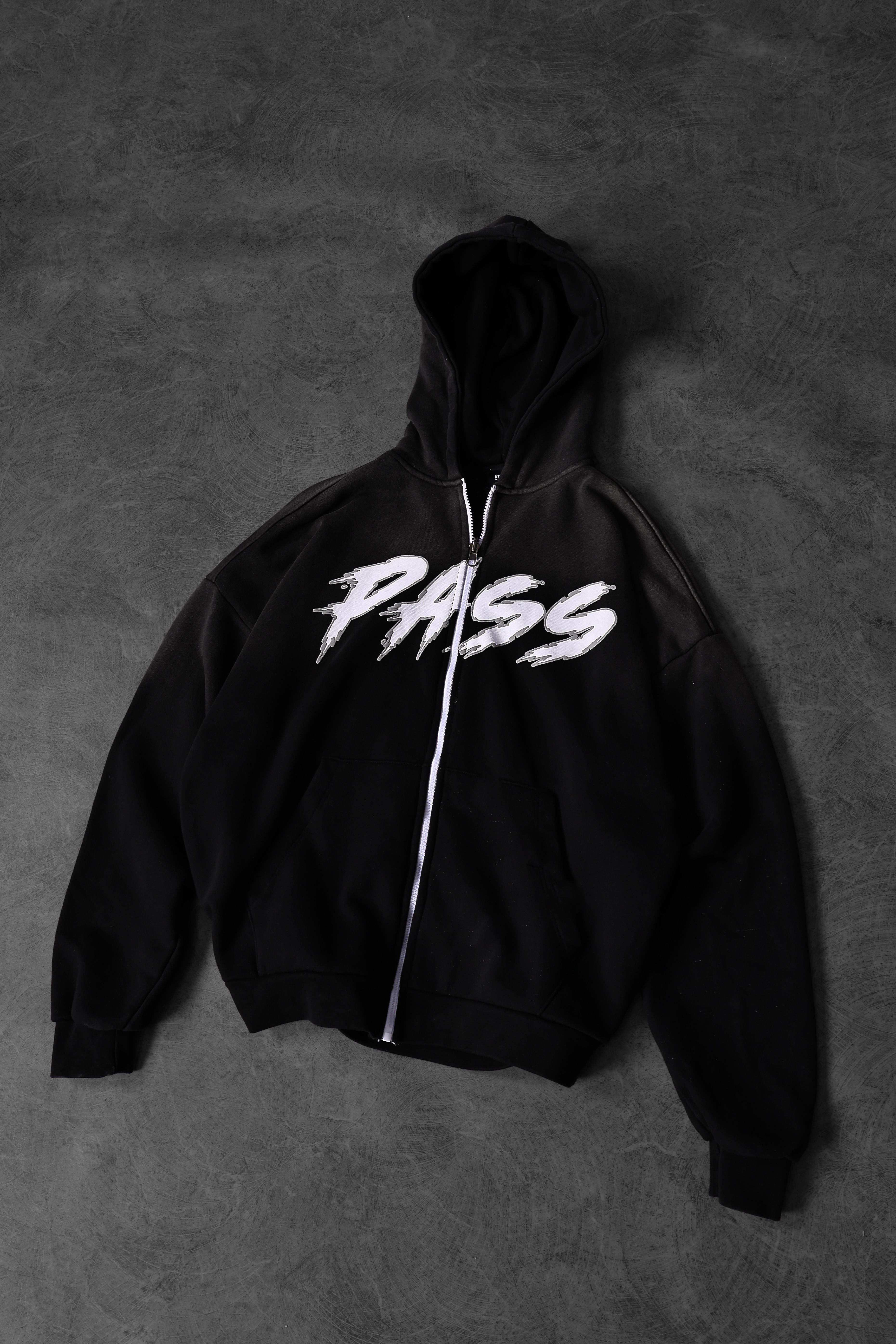 Erkek Siyah Pass Full Zip Özel Yıkamalı Oversize Kapüşonlu Sweatshirt