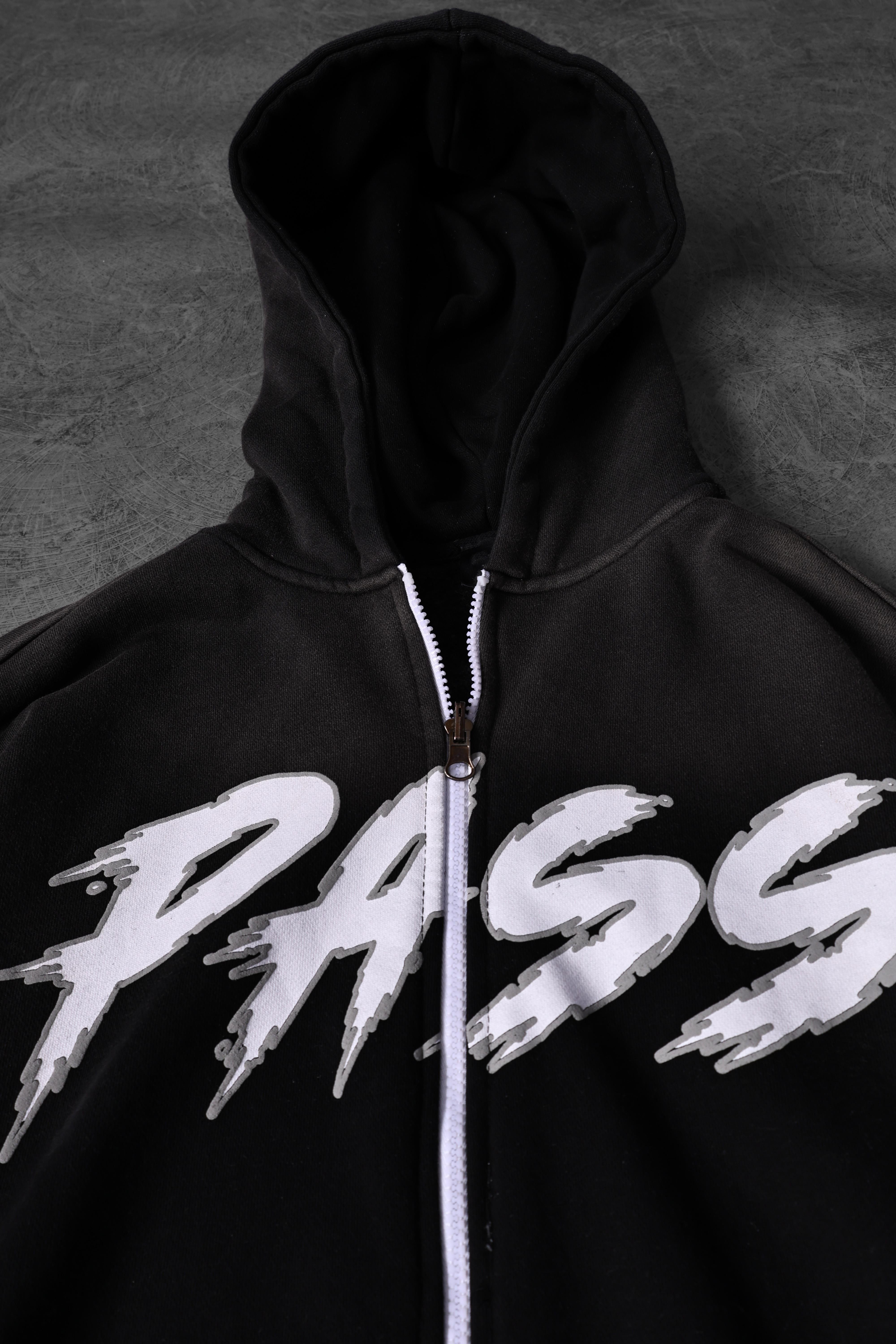 Erkek Siyah Pass Full Zip Özel Yıkamalı Oversize Kapüşonlu Sweatshirt
