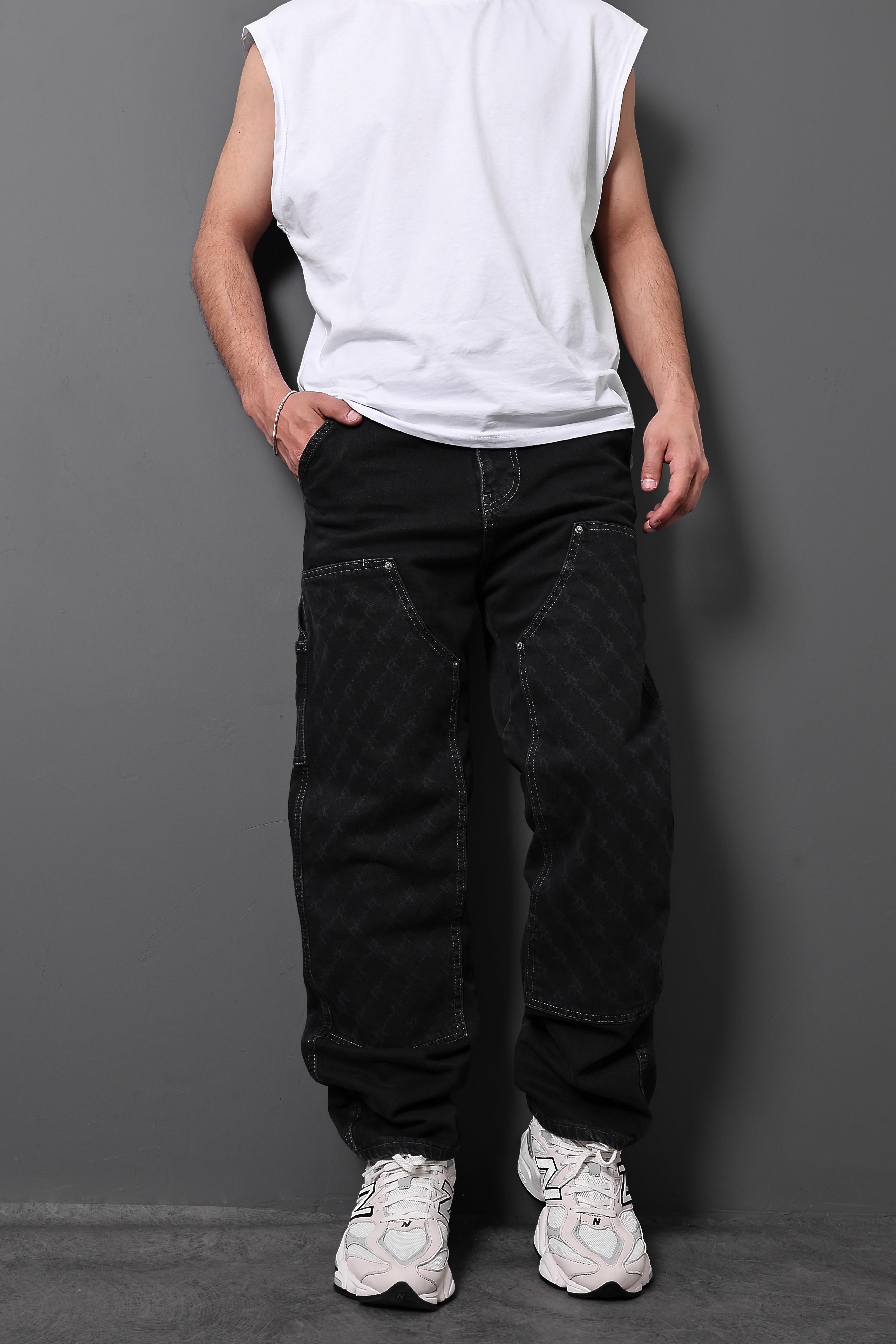 Erkek Siyah Patch Detaylı Lazerli Baggy Pantolon