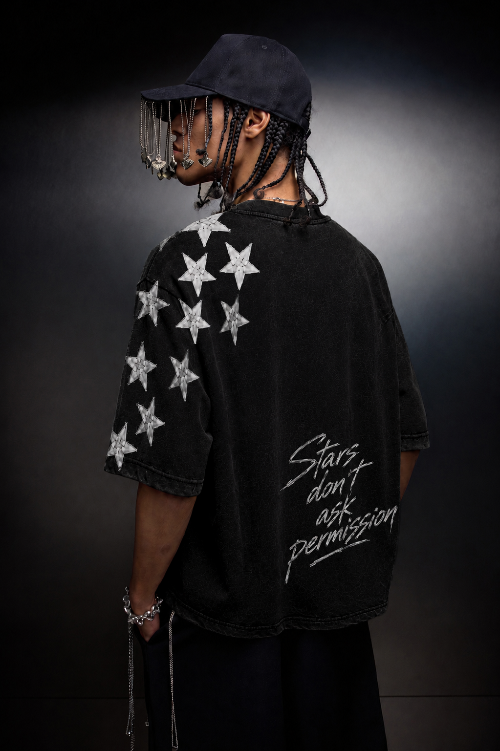 Erkek Siyah Permission Aplike Nakışlı Oversize Tshirt