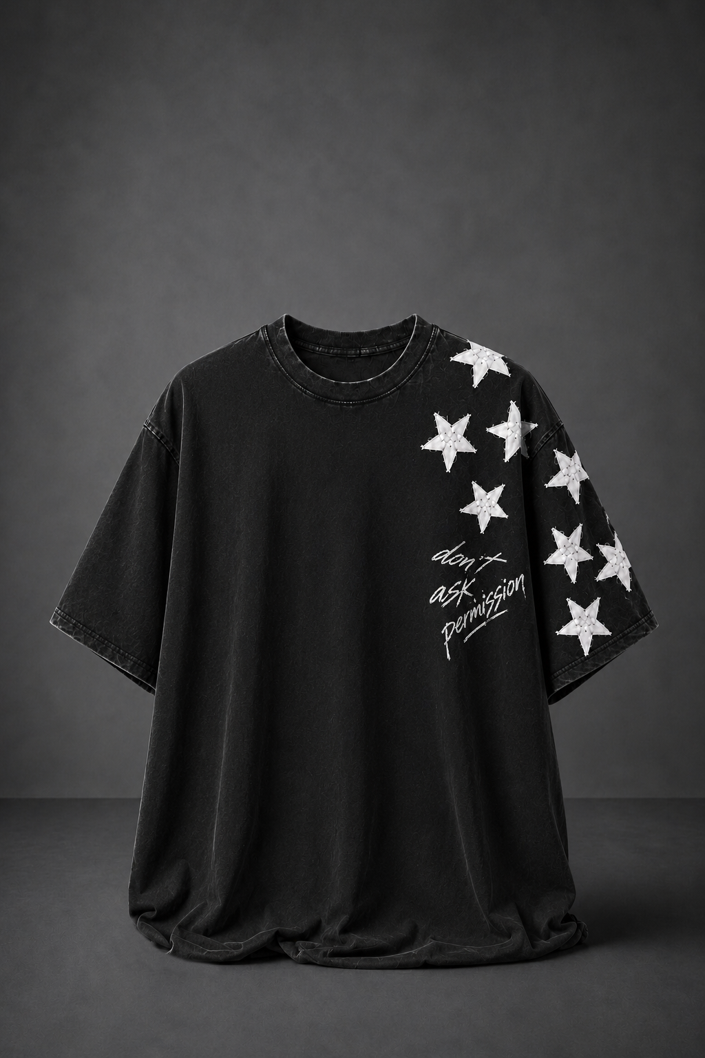 Erkek Siyah Permission Aplike Nakışlı Oversize Tshirt