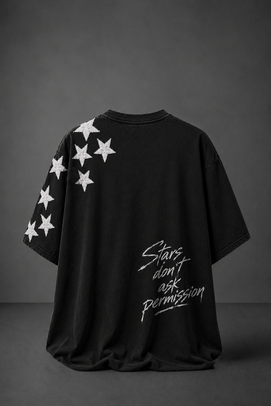 Erkek Siyah Permission Aplike Nakışlı Oversize Tshirt