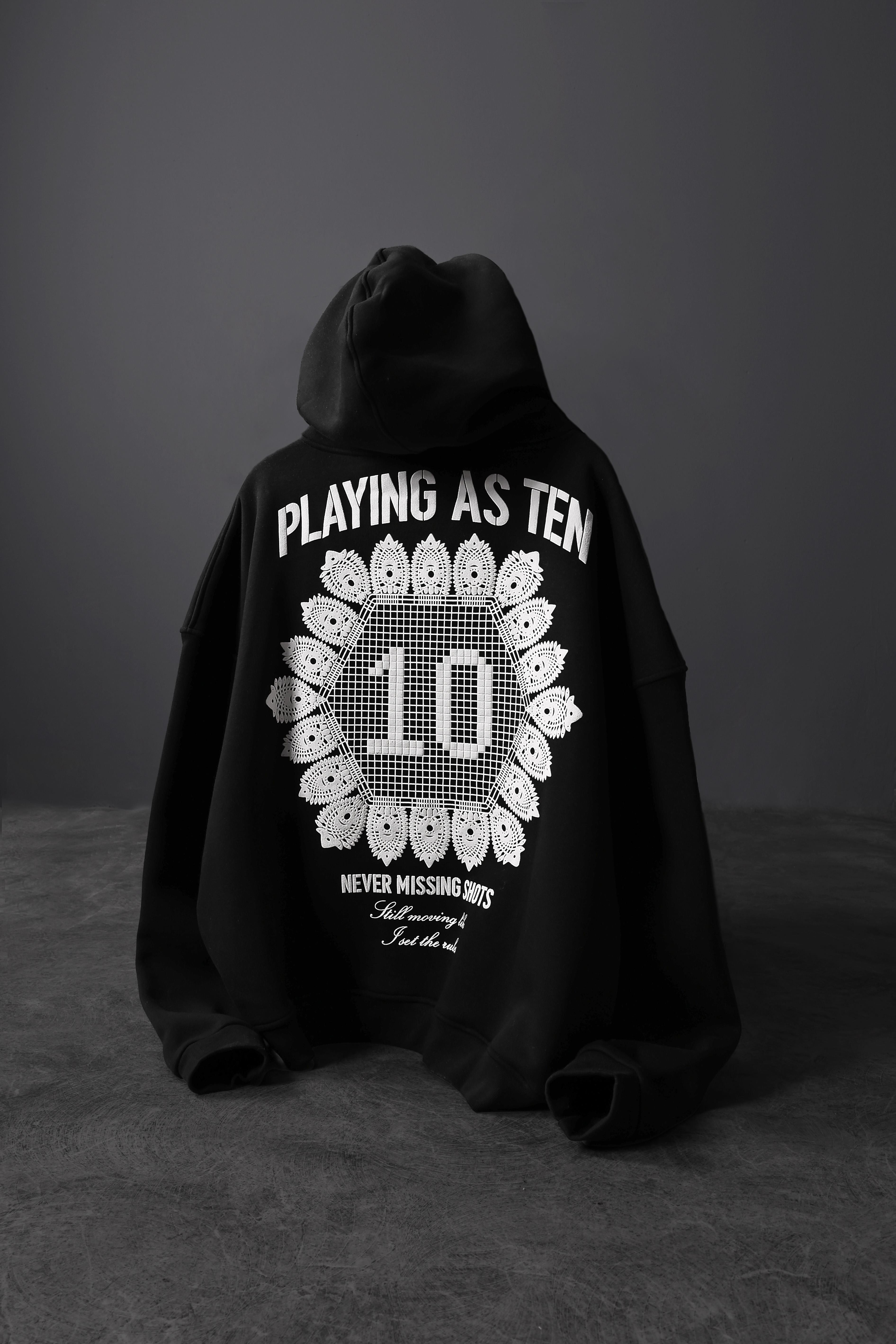 Erkek Siyah Playing As Ten Baskılı Oversize Kapüşonlu Sweatshirt