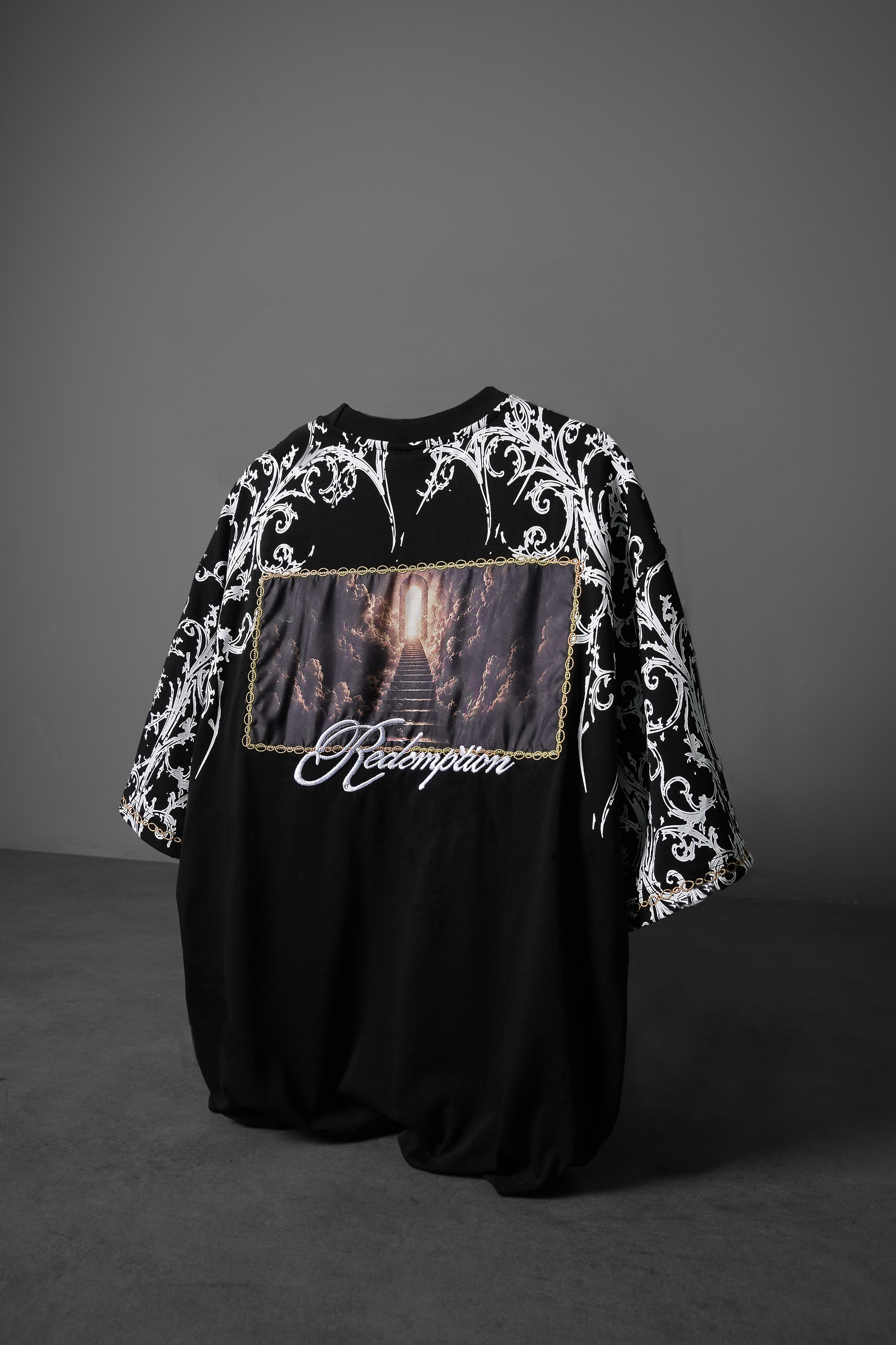 Erkek Siyah Redemption Patchli Baskılı Oversize Tshirt
