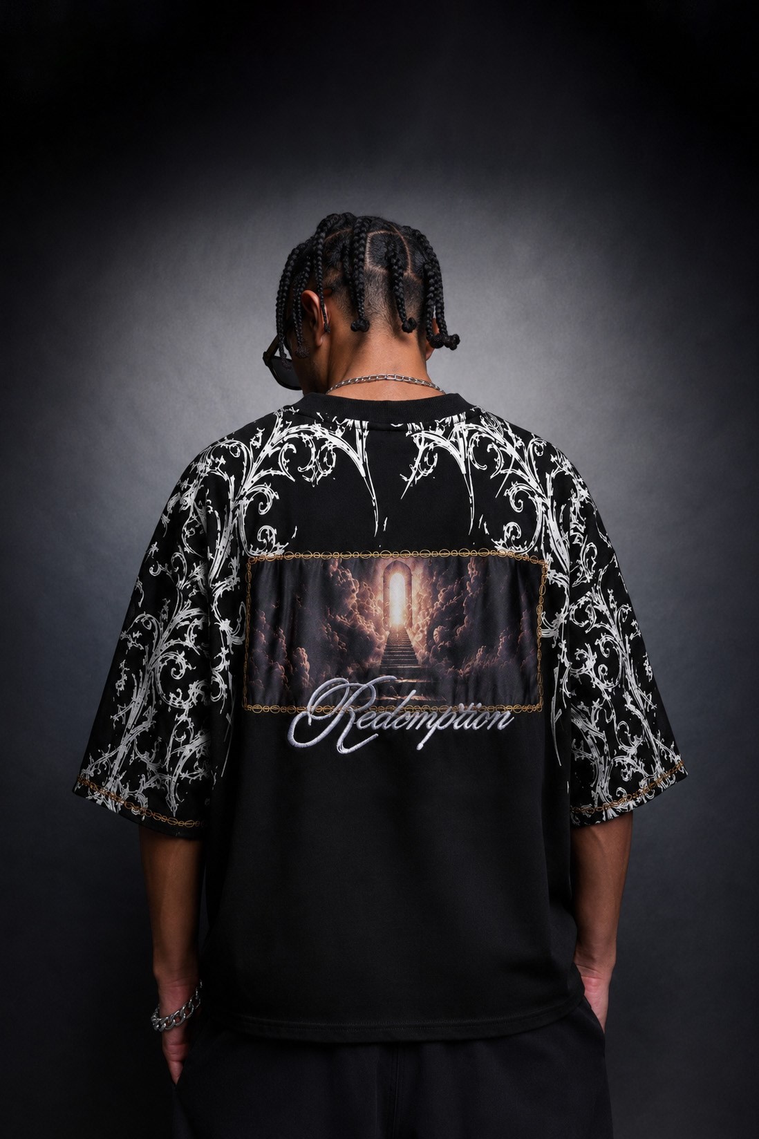 Erkek Siyah Redemption Patchli Baskılı Oversize Tshirt