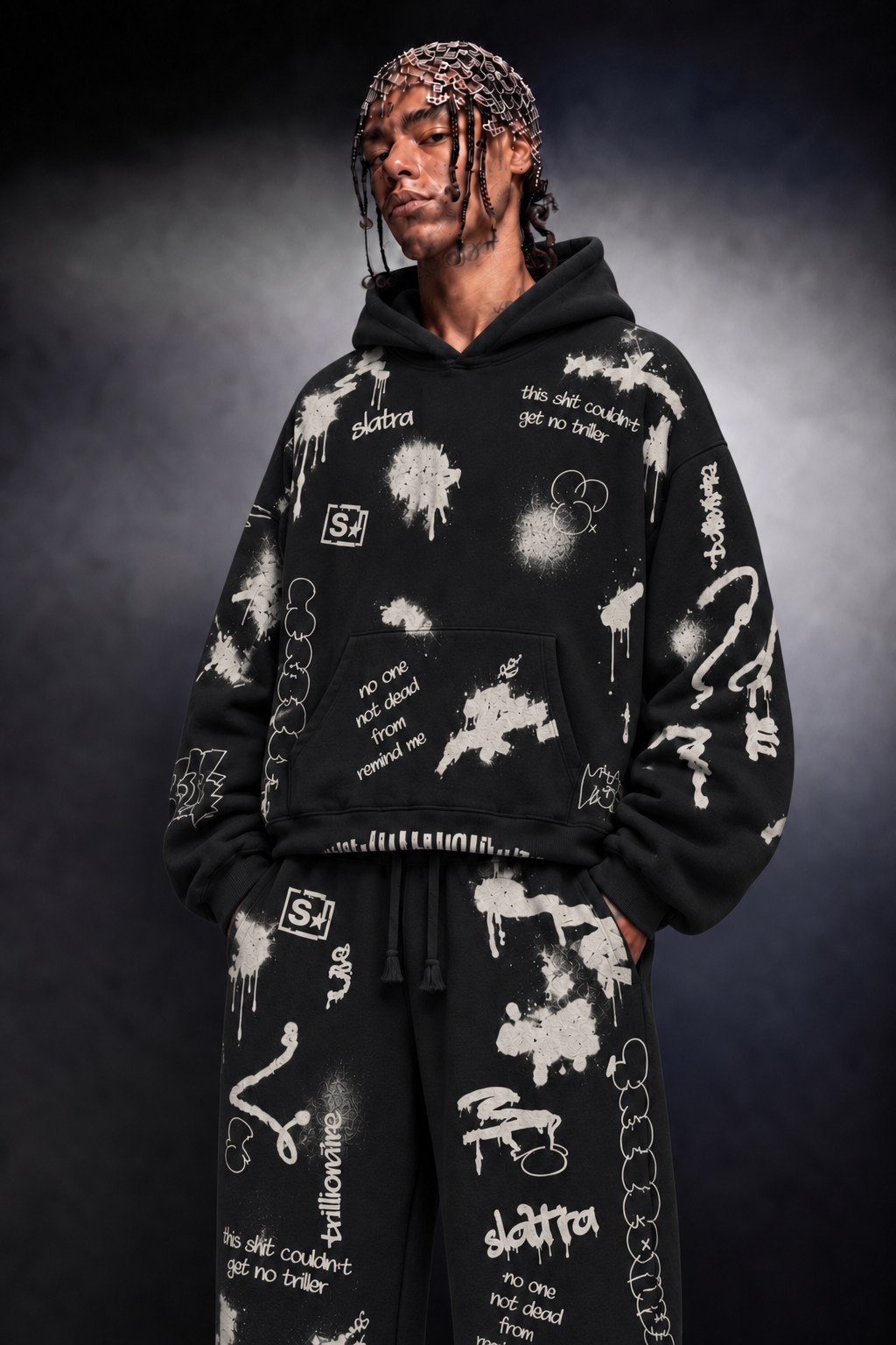 Erkek Siyah S Grafiti Oversize Hoodie
