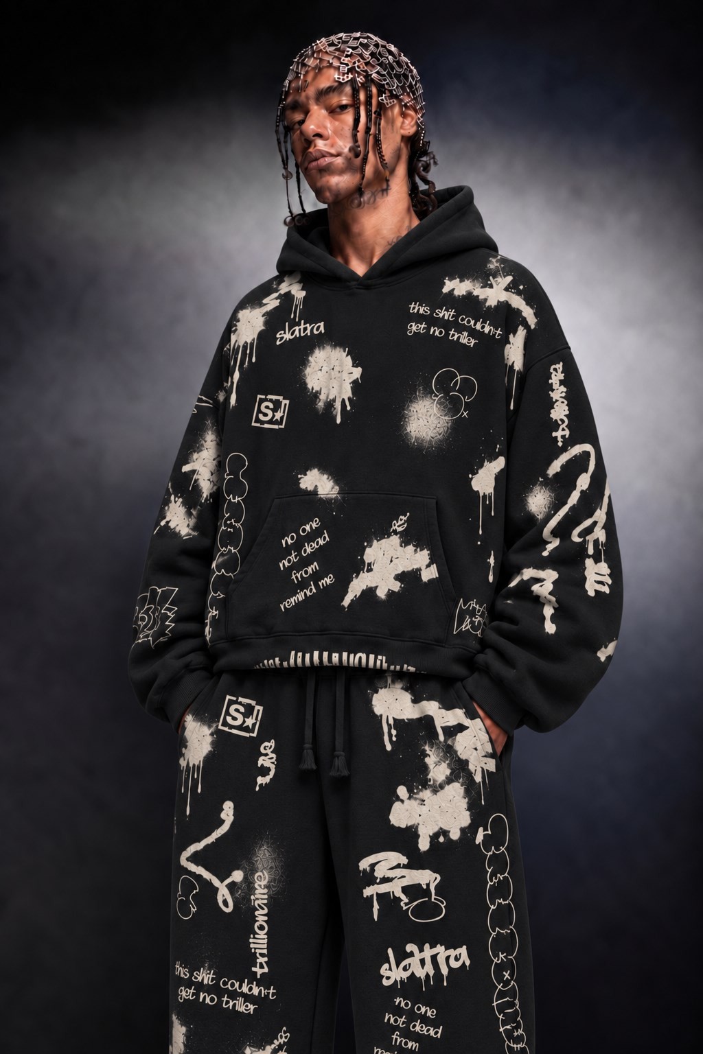 Erkek Siyah S Grafiti Oversize Hoodie