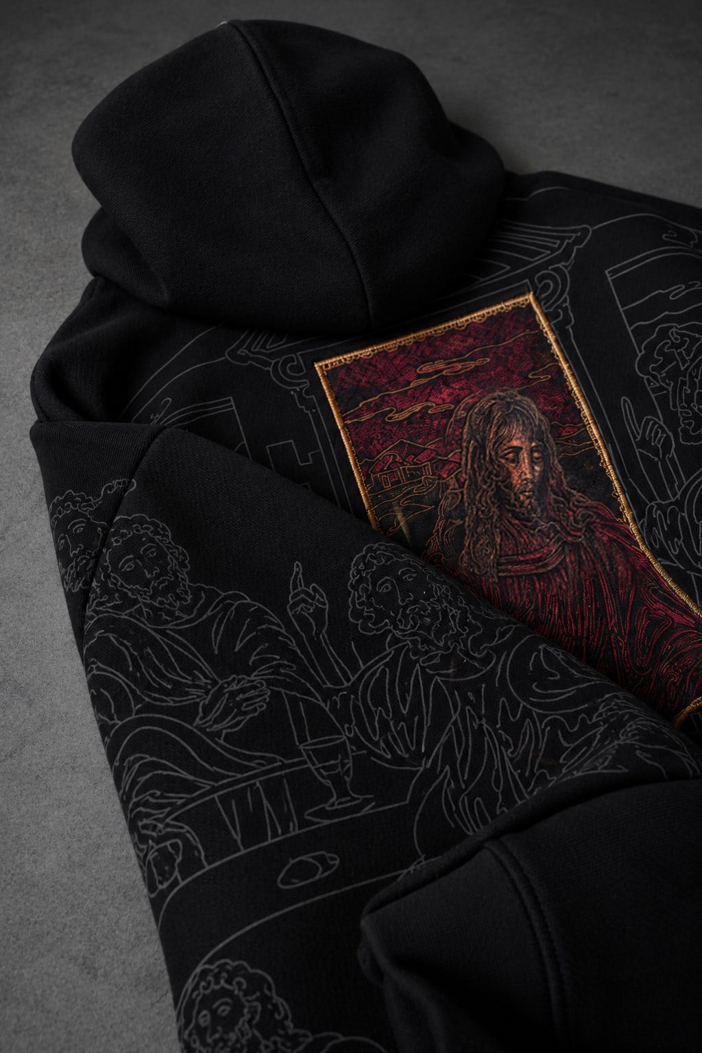Erkek Siyah Sanctum Kadife Patch Oversize Hoodie