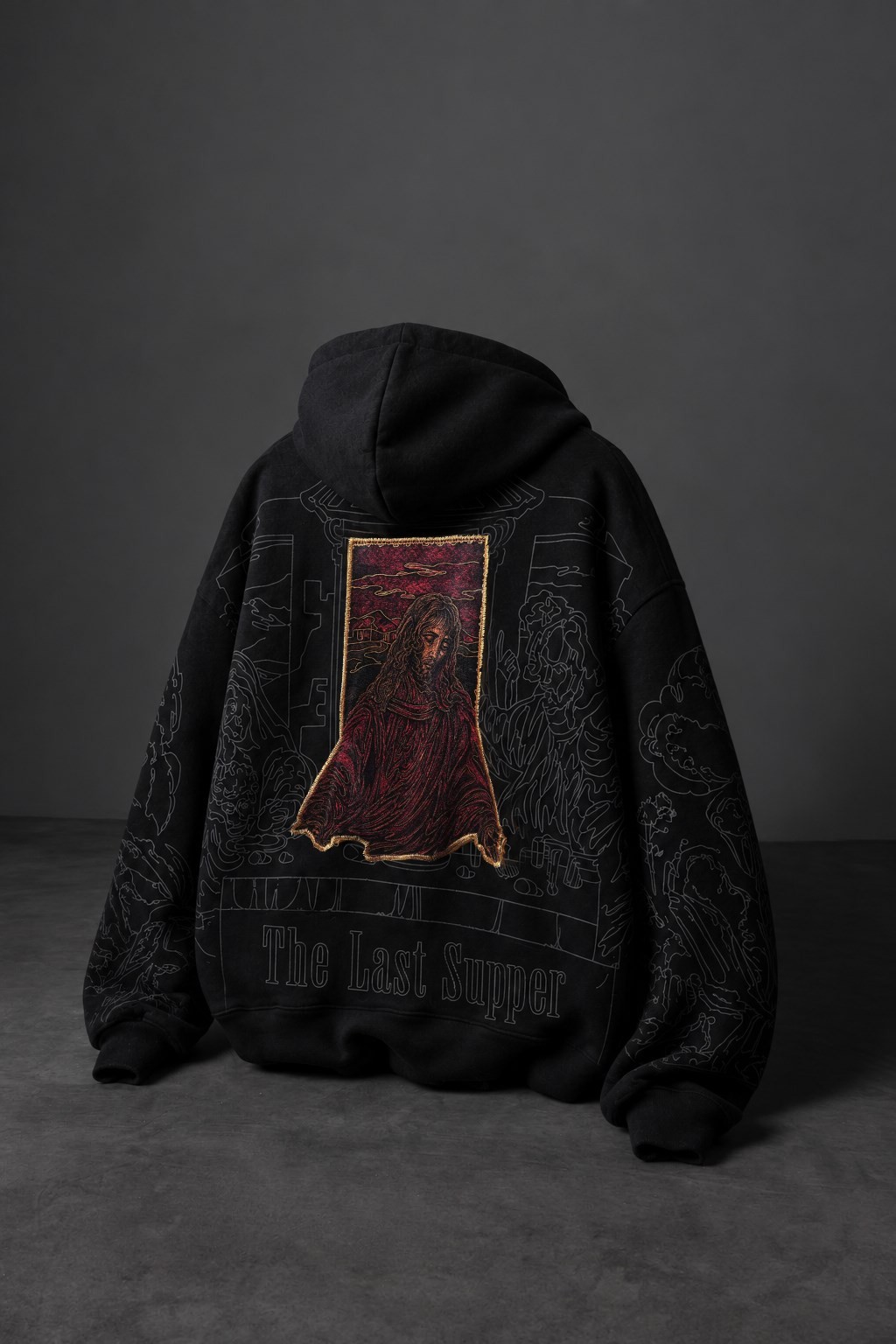 Erkek Siyah Sanctum Kadife Patch Oversize Hoodie