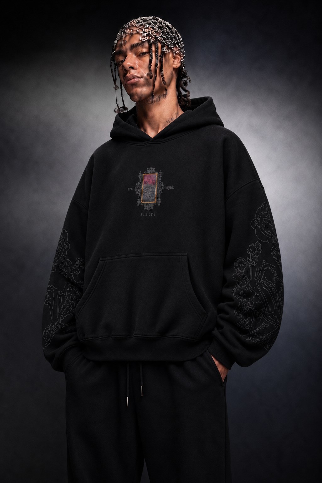 Erkek Siyah Sanctum Kadife Patch Oversize Hoodie