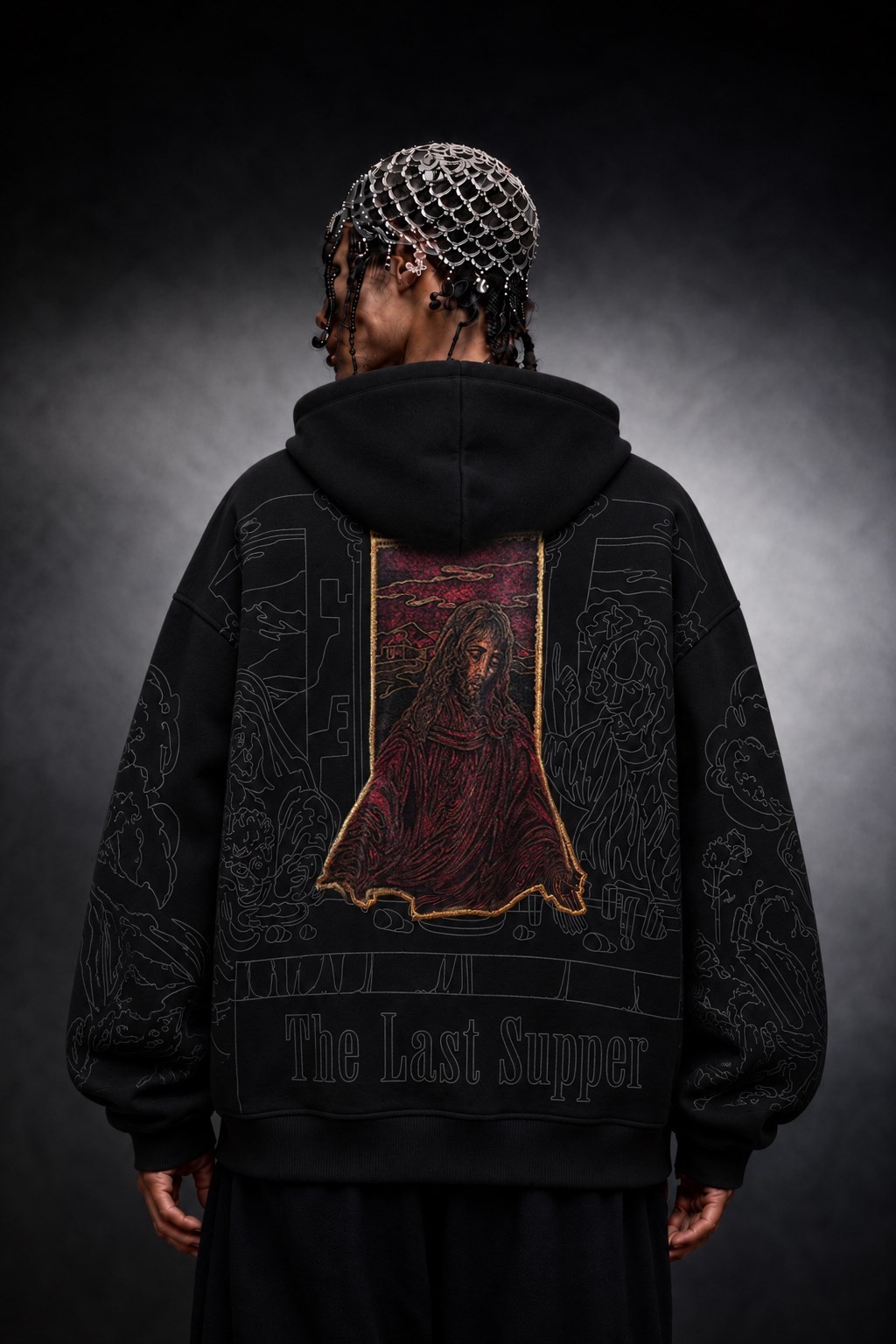 Erkek Siyah Sanctum Kadife Patch Oversize Hoodie