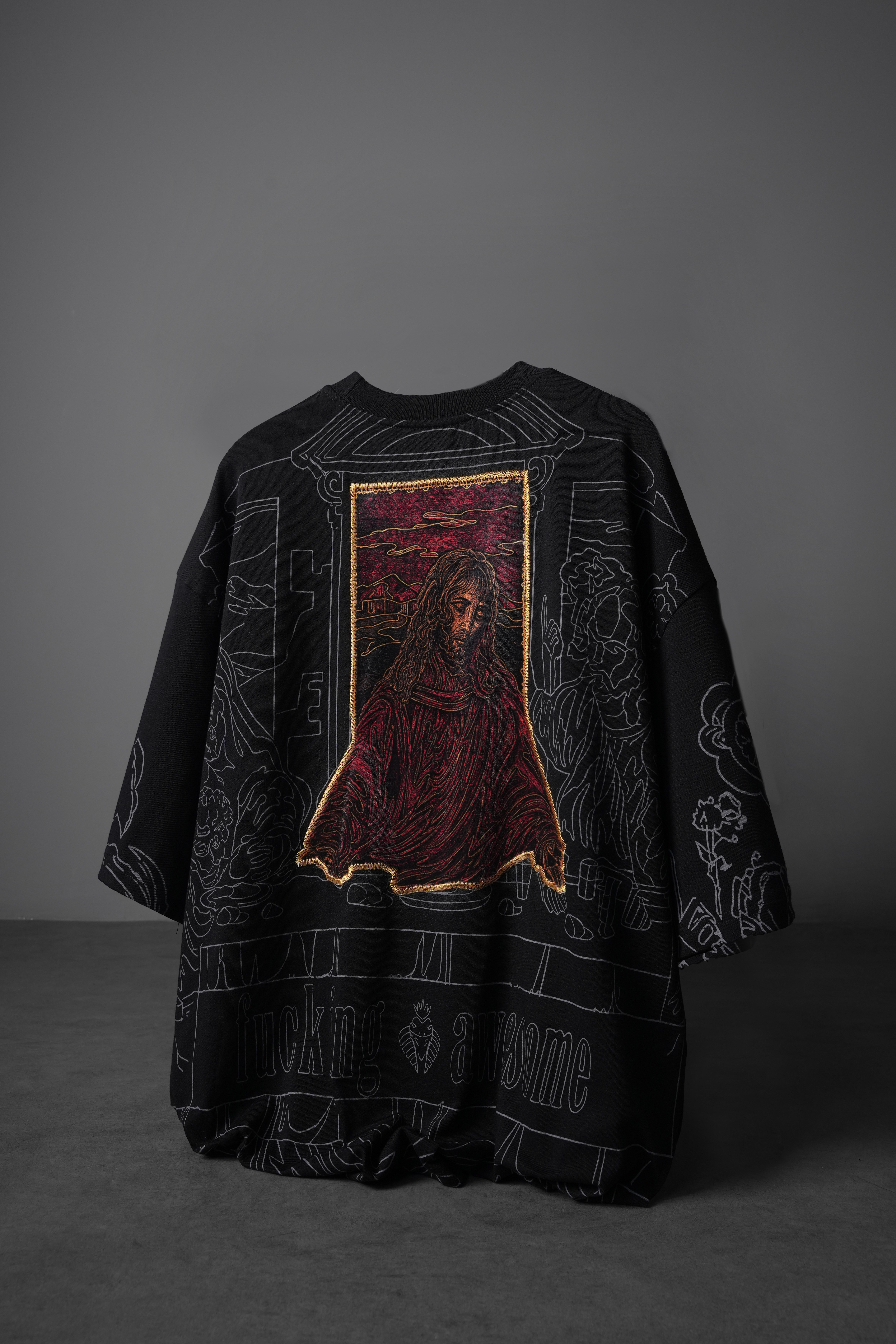 Erkek Siyah Sanctum Kadife Patch Oversize Tshirt