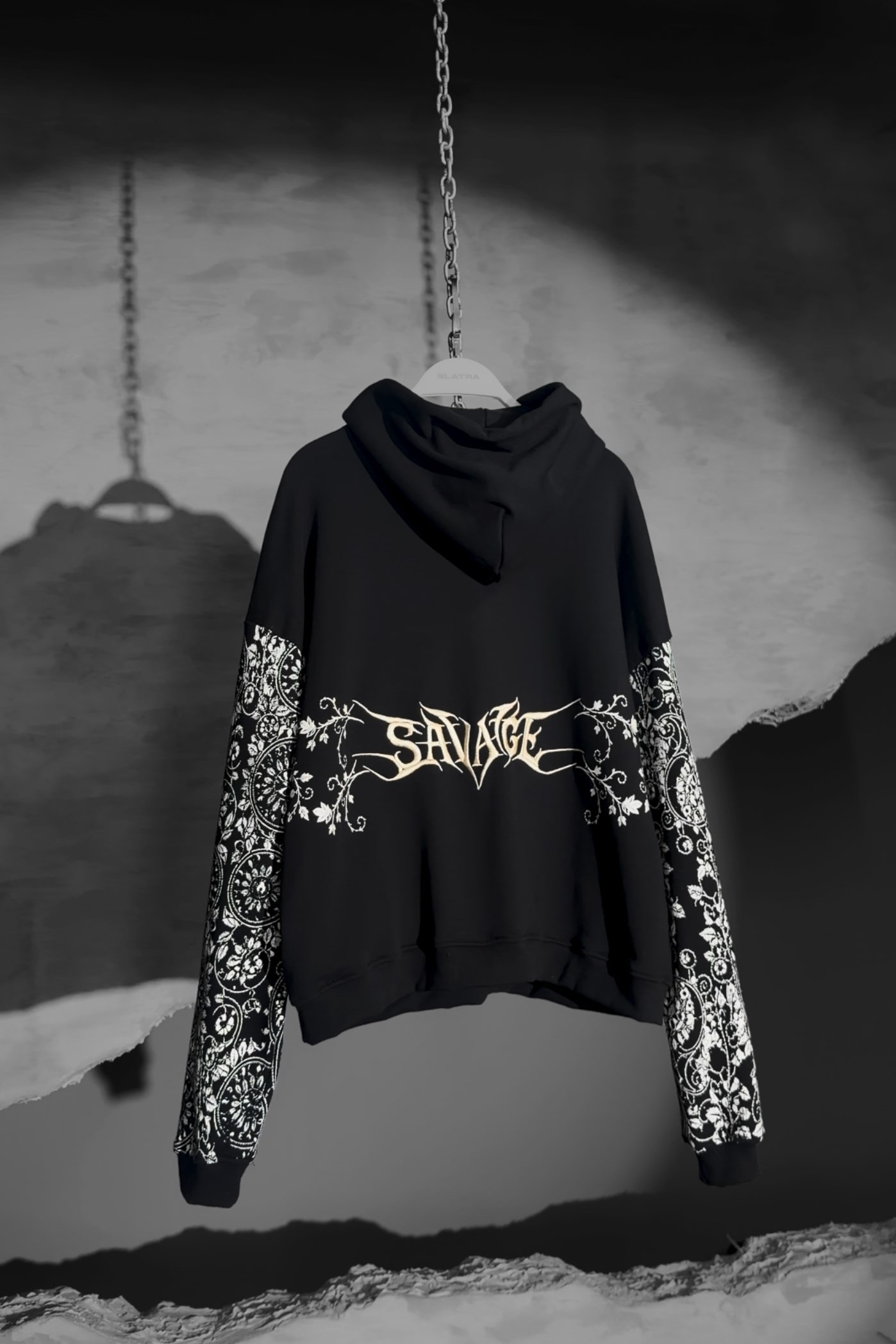 Erkek Siyah Savage Nakışlı Oversize Hoodie