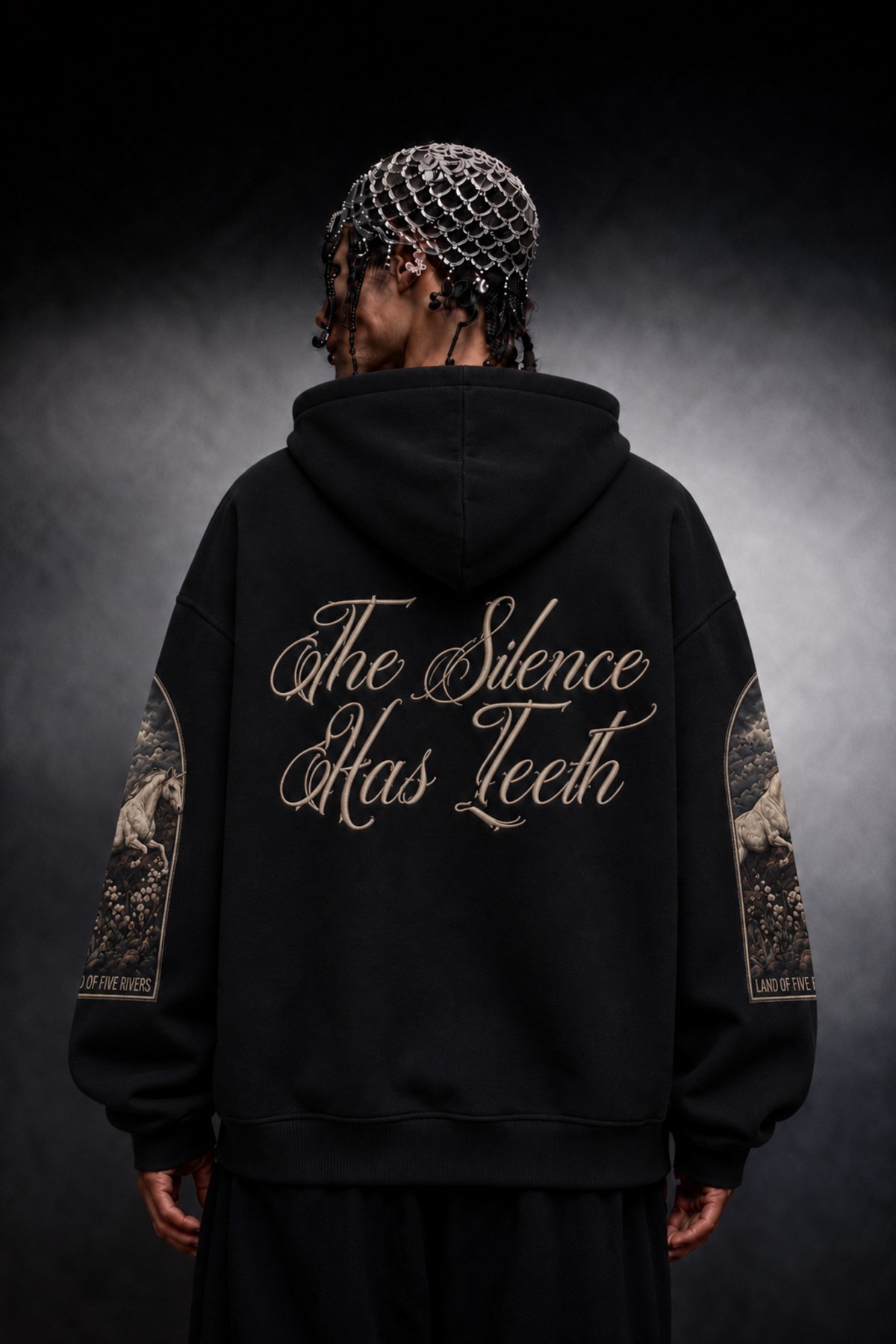 Erkek Siyah Silence Patch Nakış Oversize Hoodie