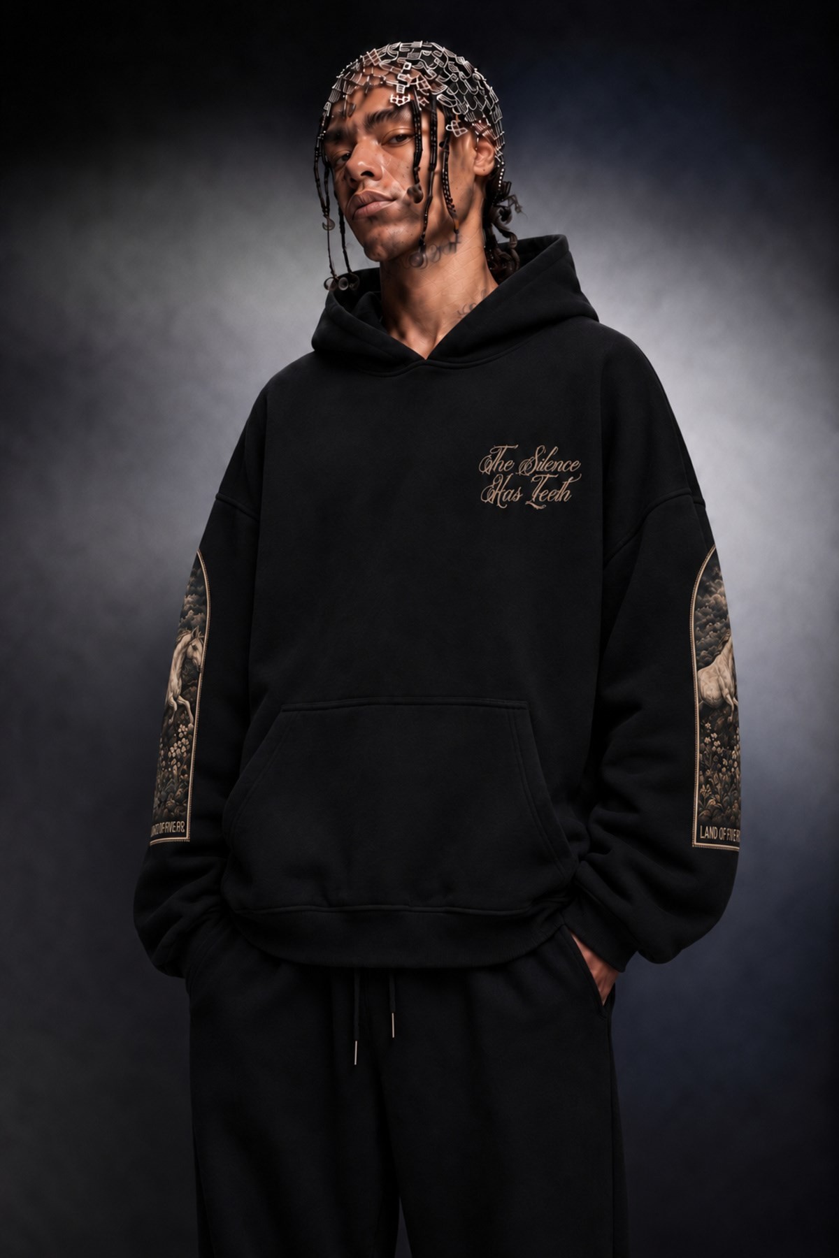 Erkek Siyah Silence Patch Nakış Oversize Hoodie