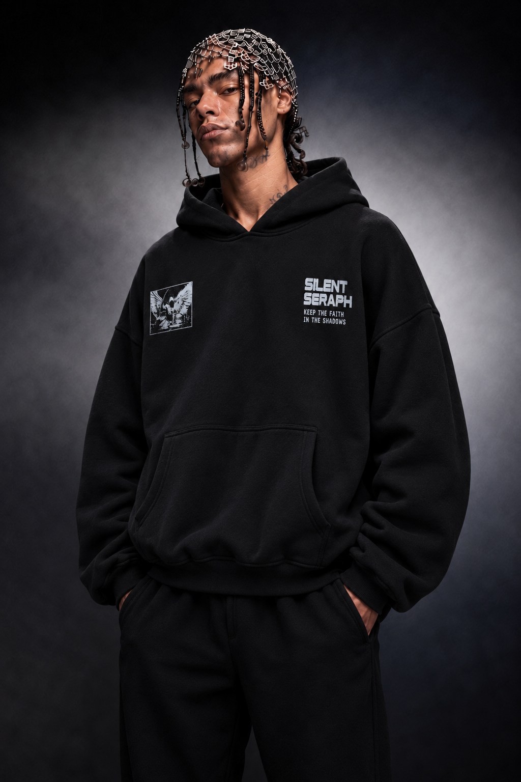 Erkek Siyah Silent Seraph Oversize Hoodie